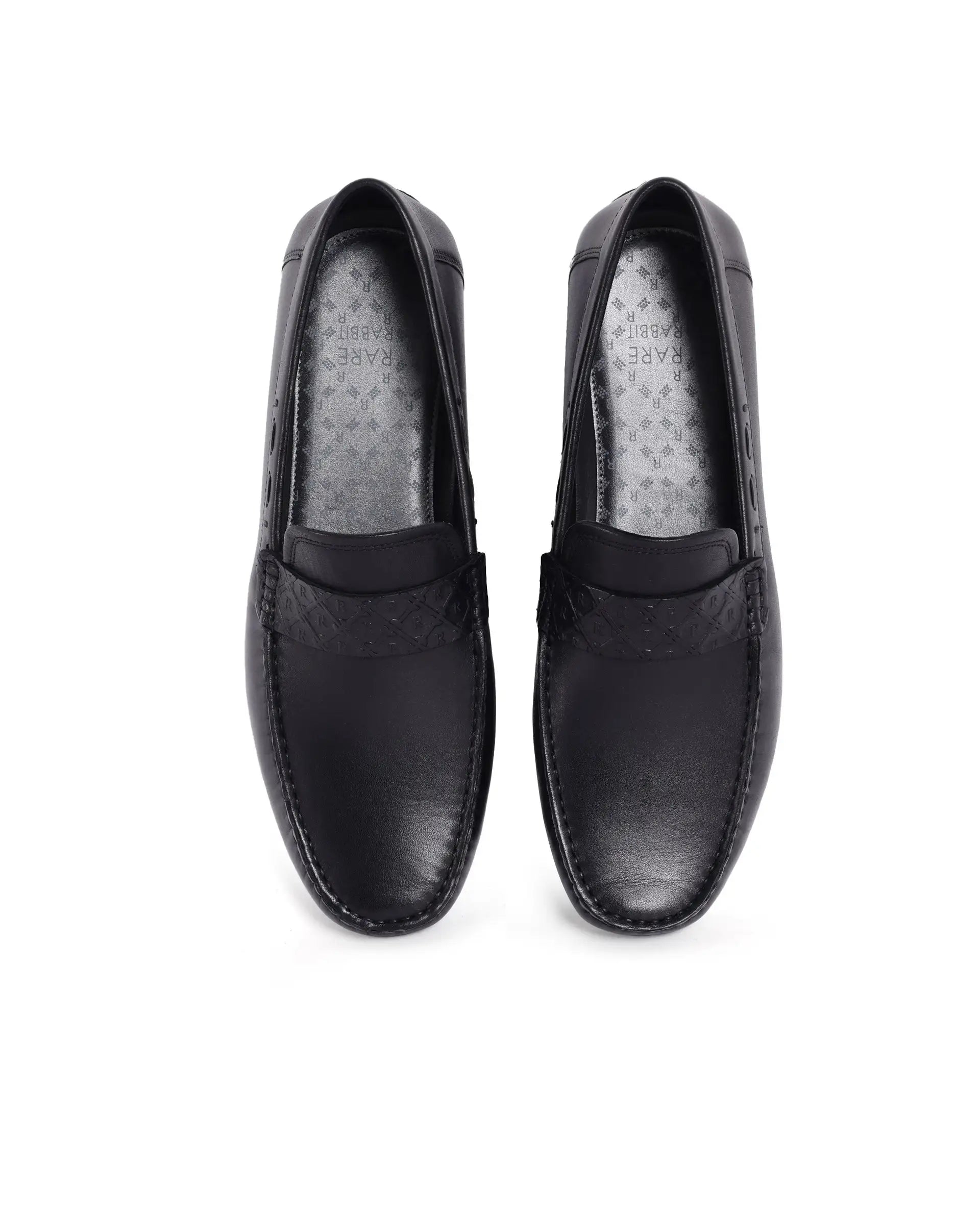 Rare Rabbit Men's Bold Black Slip-On Monotone Genuine Leather Driver Moccasin