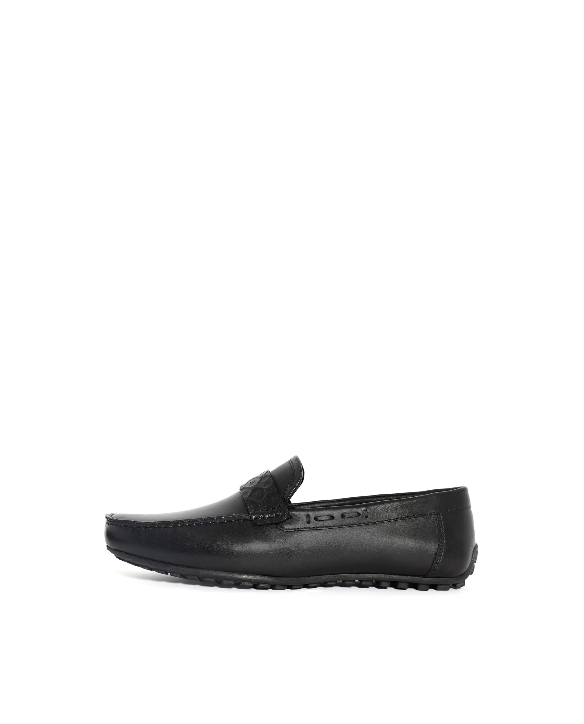 Rare Rabbit Men's Bold Black Slip-On Monotone Genuine Leather Driver Moccasin