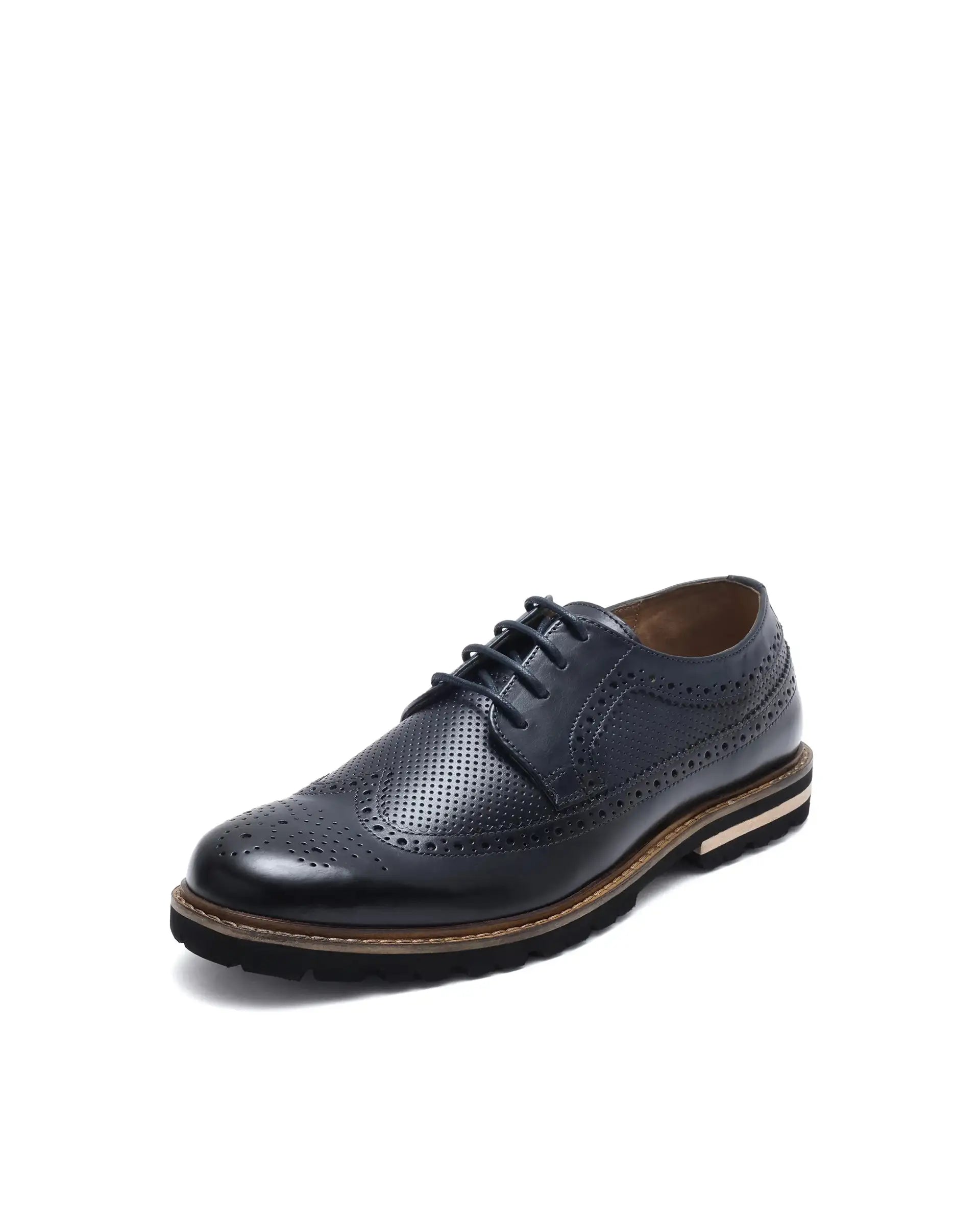 Rare Rabbit Mens Brox Navy Derby Lace-Up Brogue Detailing Leather Formal Shoes