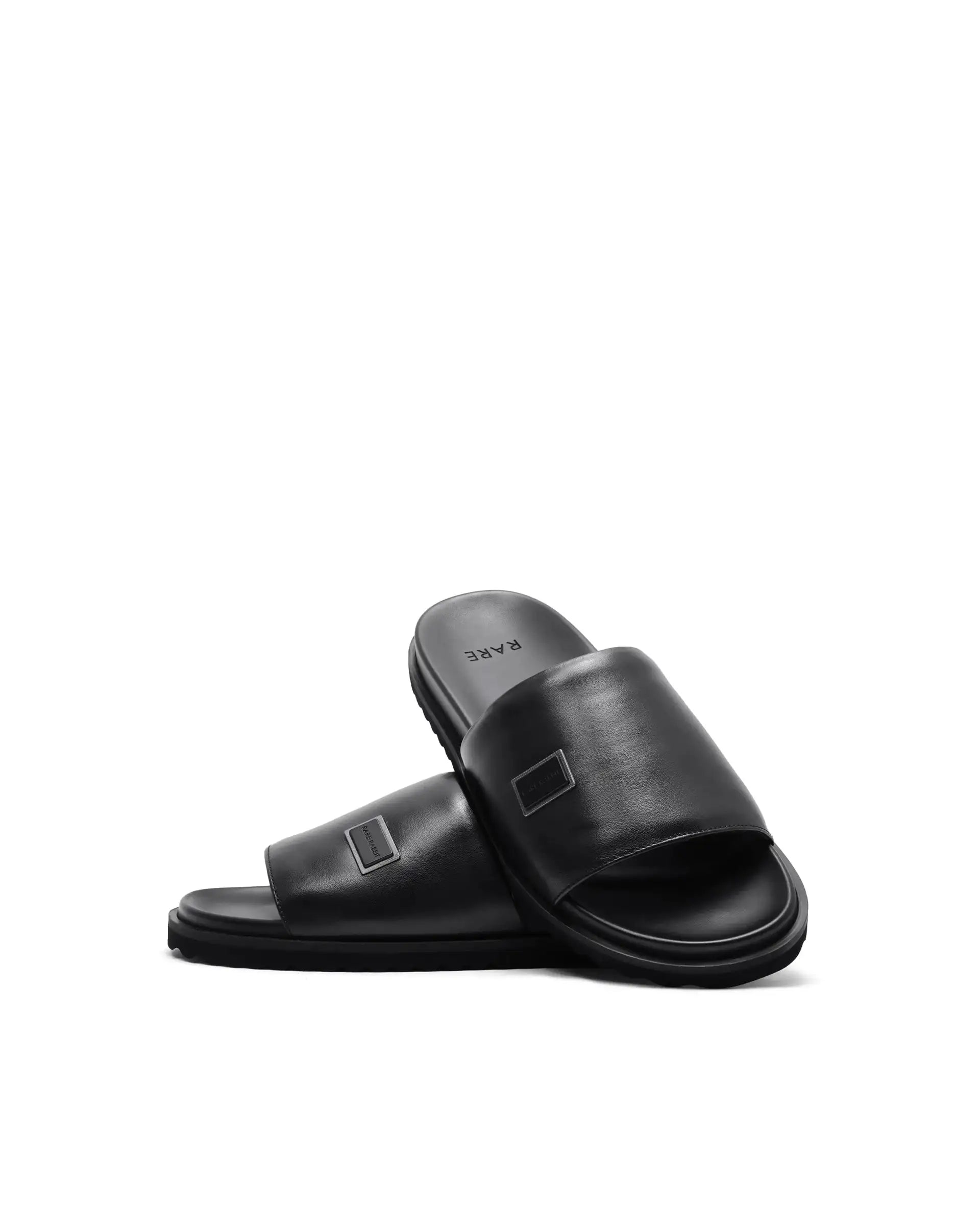 Rare Rabbit Men Camden Black Leather Slip-On Closure Sandal