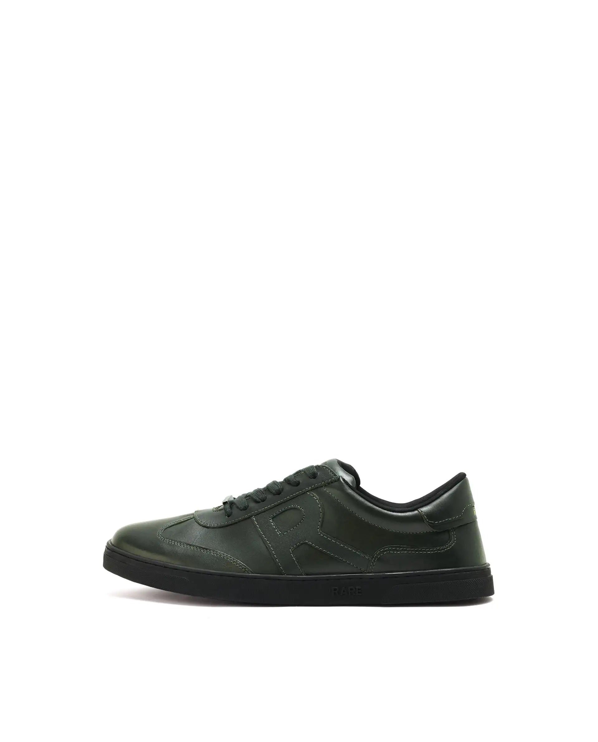 Rare Rabbit Mens Merc Dark Green Round Toe Genuine Leather Lace Up Low Top Sneaker Shoes