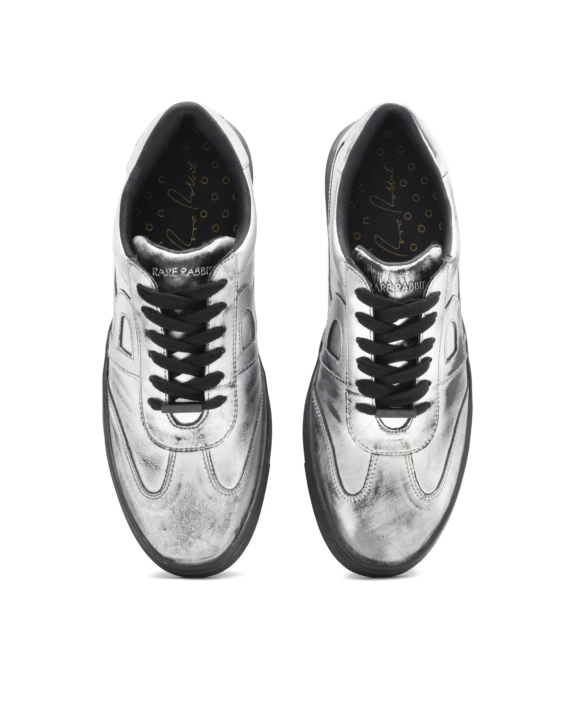 Rare Rabbit Mens Mercure Metallic Silver Round Toe Shiny Burnt Leather Sneaker Shoes