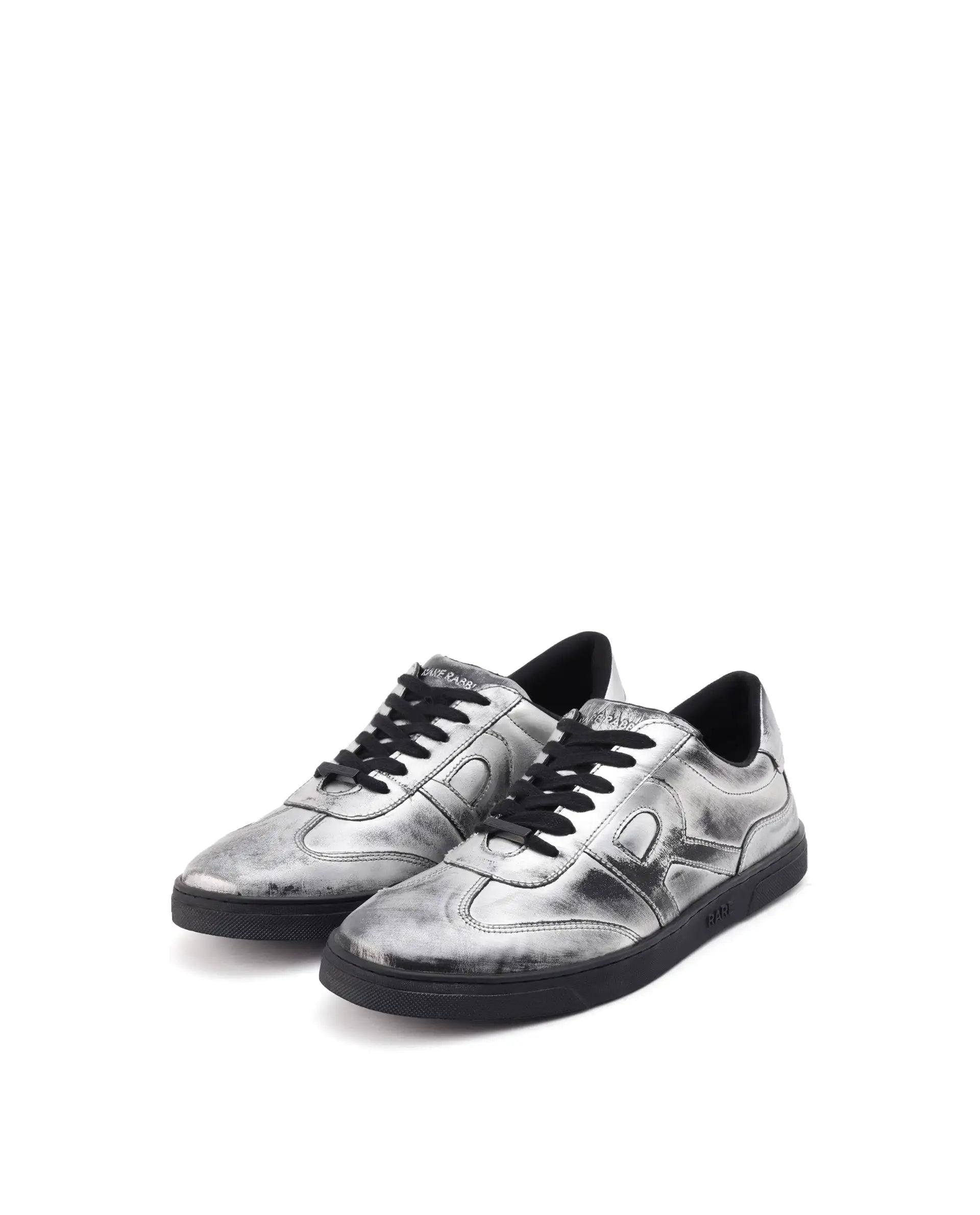 Rare Rabbit Mens Mercure Metallic Silver Round Toe Shiny Burnt Leather Sneaker Shoes