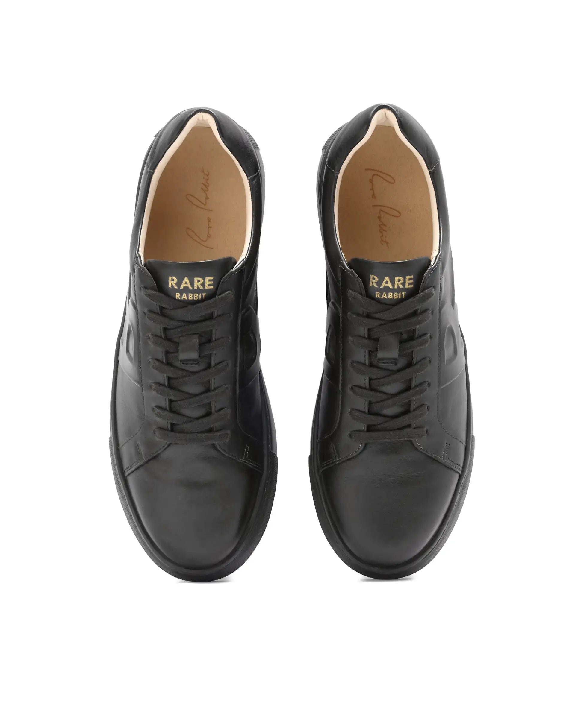 Rare Rabbit Men's Odessa Black Genuine Leather Round Toe Low-Top Lace-Up Monochromatic Sneaker