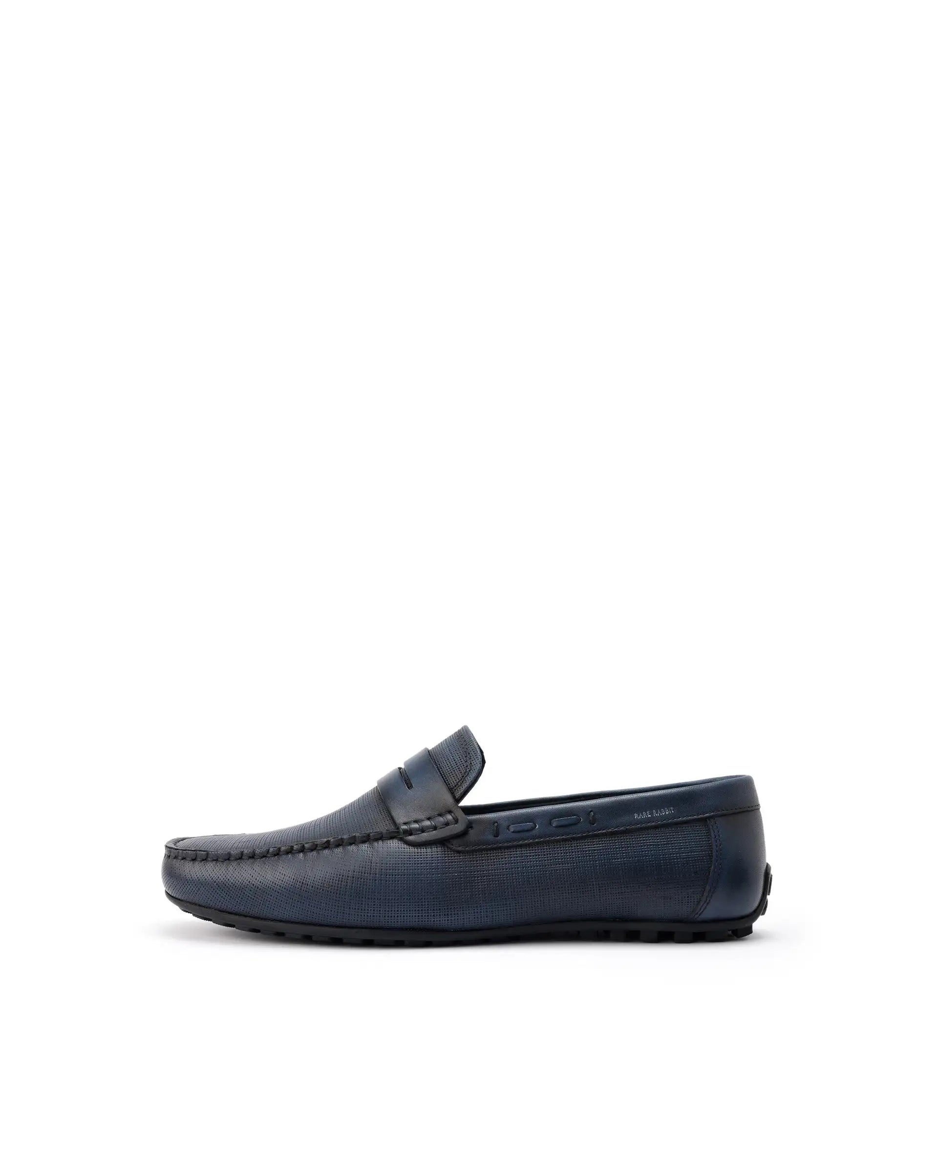 Rare Rabbit Men's Saffian Navy Slip-On Textured Genuine Leather Driver Moccasin