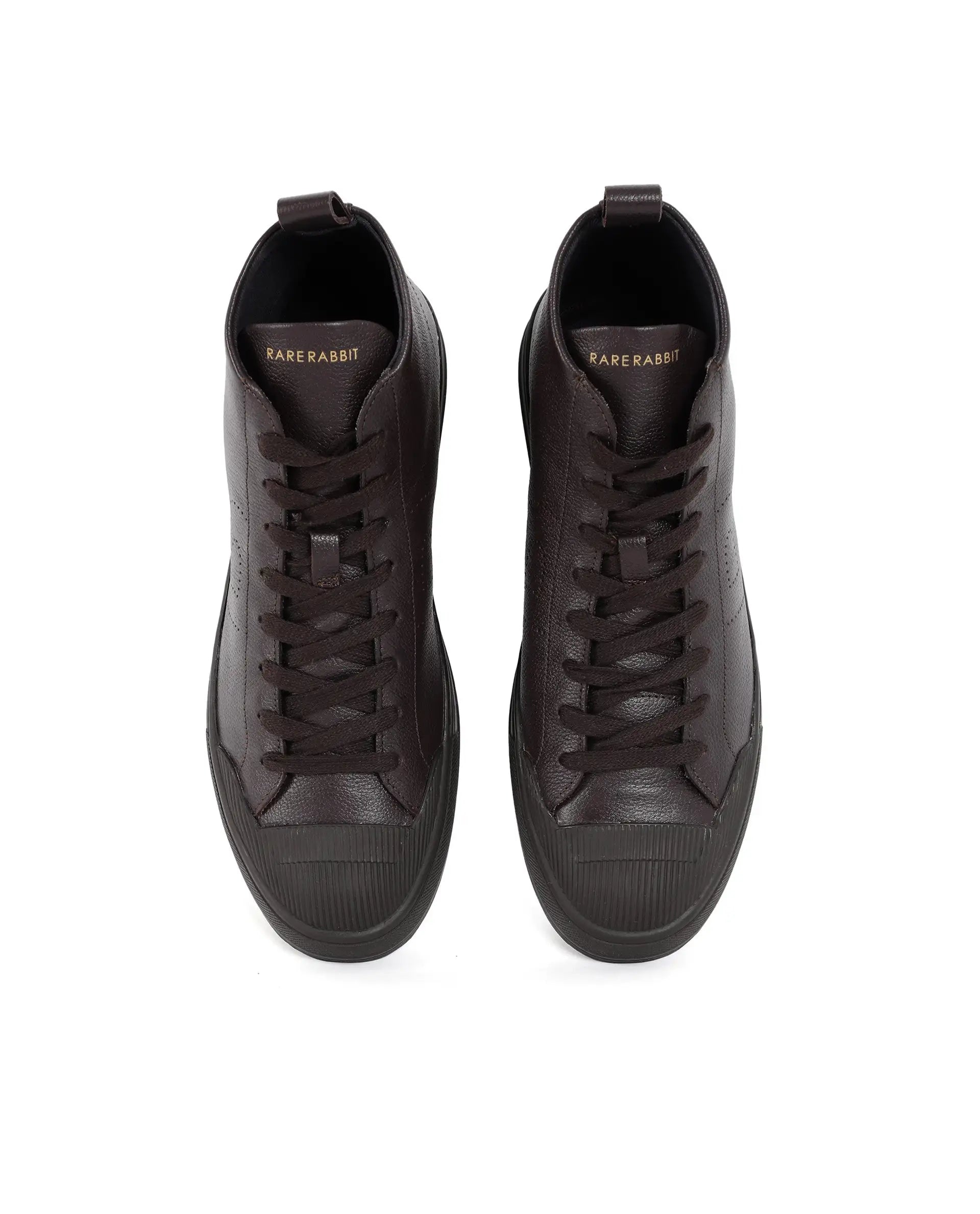 Rare Rabbit Mens Sauron Hi Pro Dark Brown Premium Milled Leather Lace Up High Top Round Toe Sneaker Shoes