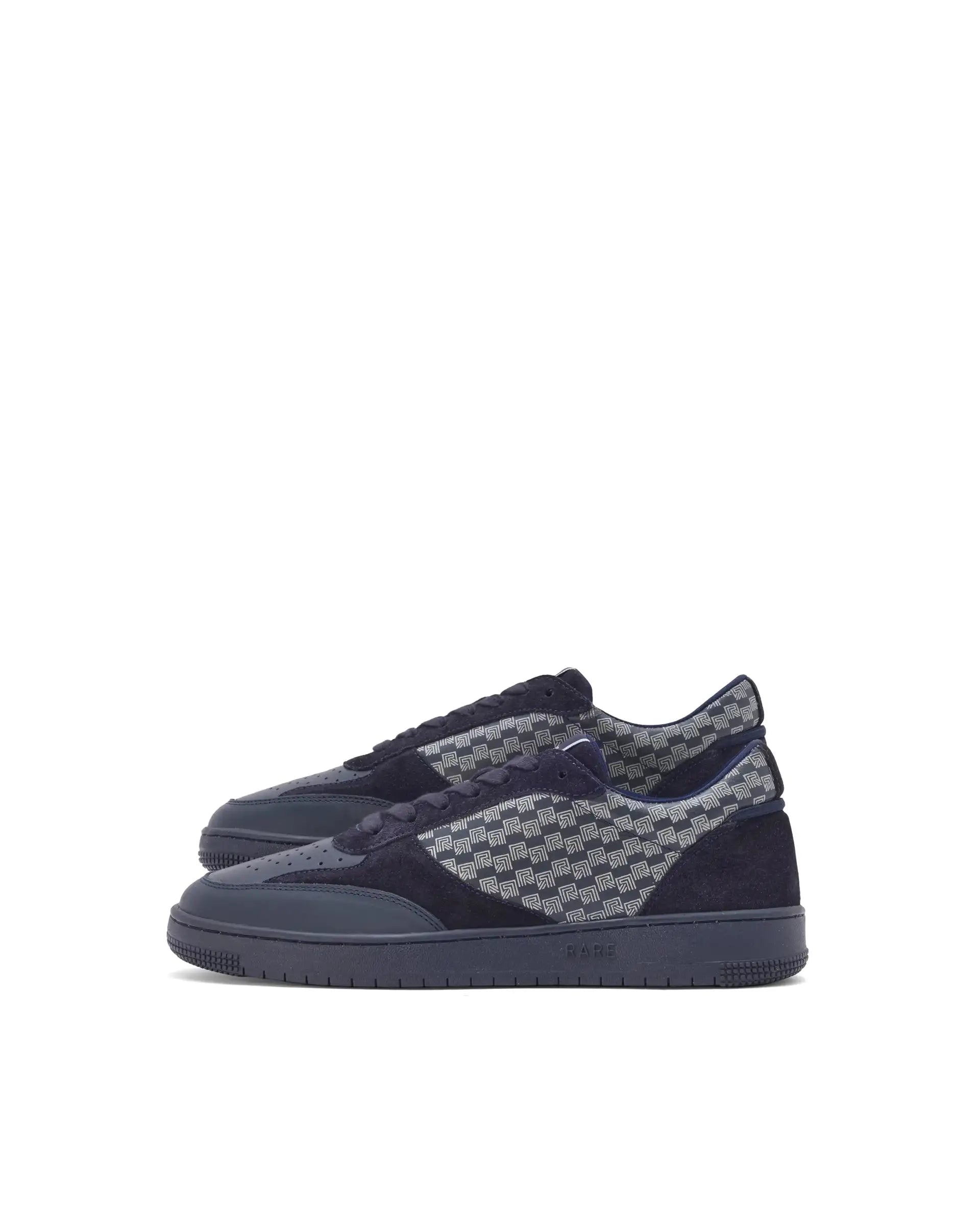Rare Rabbir Men's Voltro Navy Genuine Leather And Suede Faros "R" Monogram Low-Top Lace-Up Sneaker Shoes