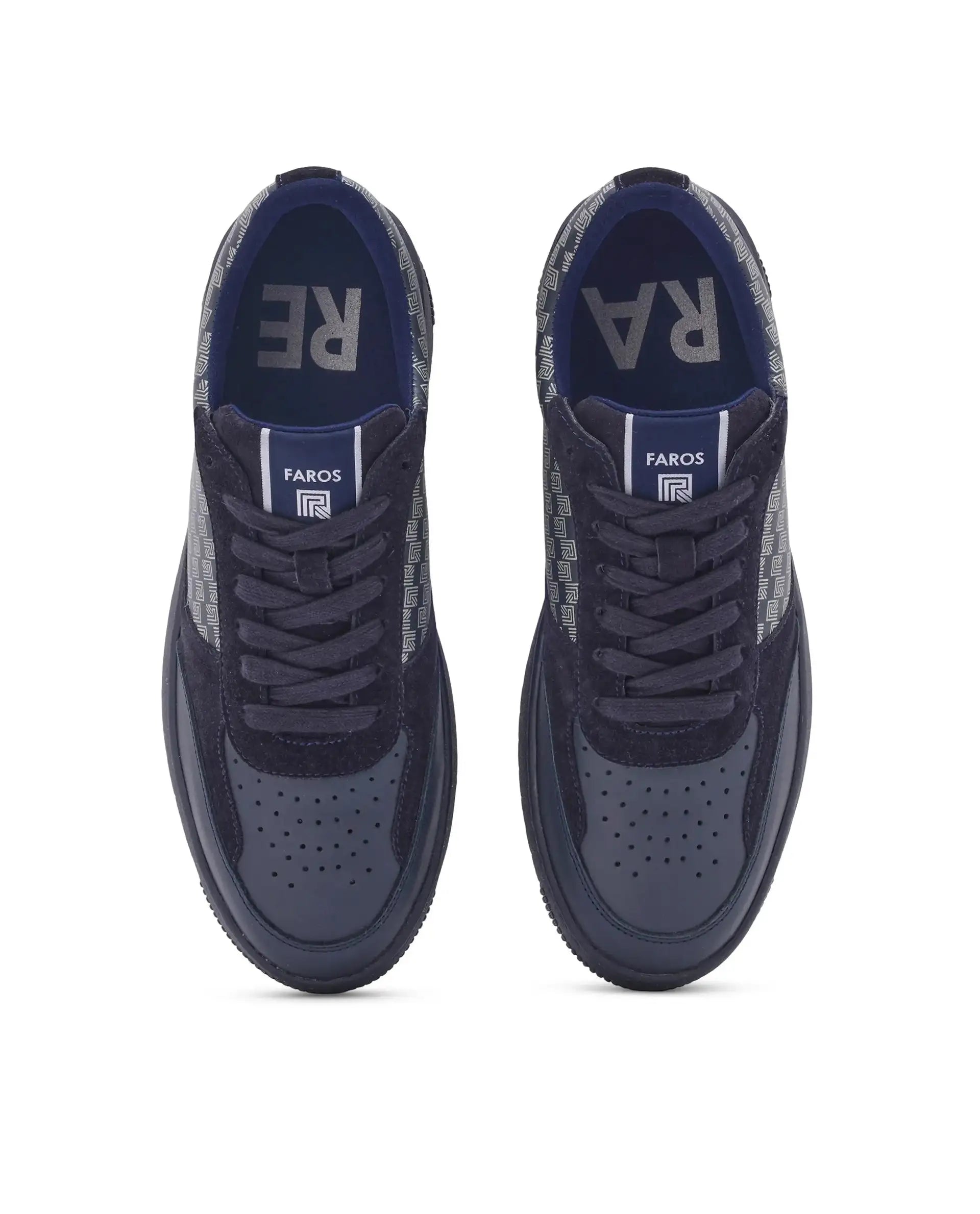 Rare Rabbir Men's Voltro Navy Genuine Leather And Suede Faros "R" Monogram Low-Top Lace-Up Sneaker Shoes