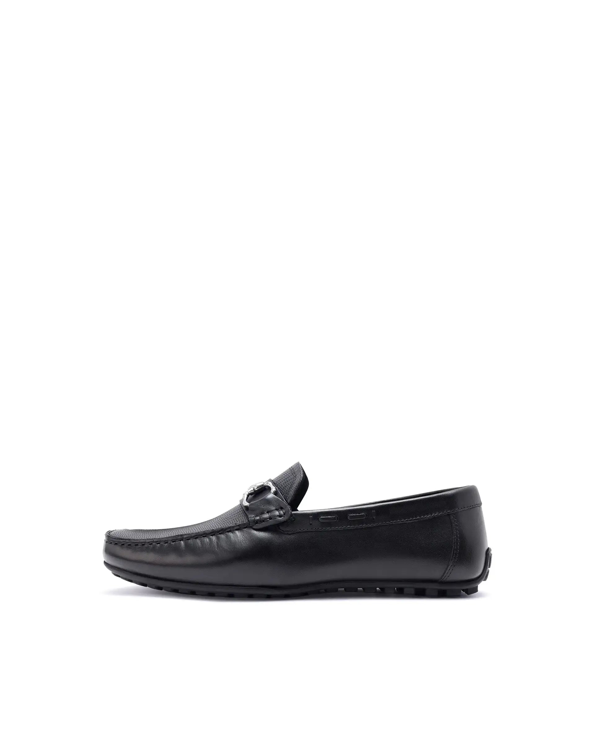 Rare Rabbit Men's Wave Pro Black Genuine Leather Plated Slip-On Driving Moccasins