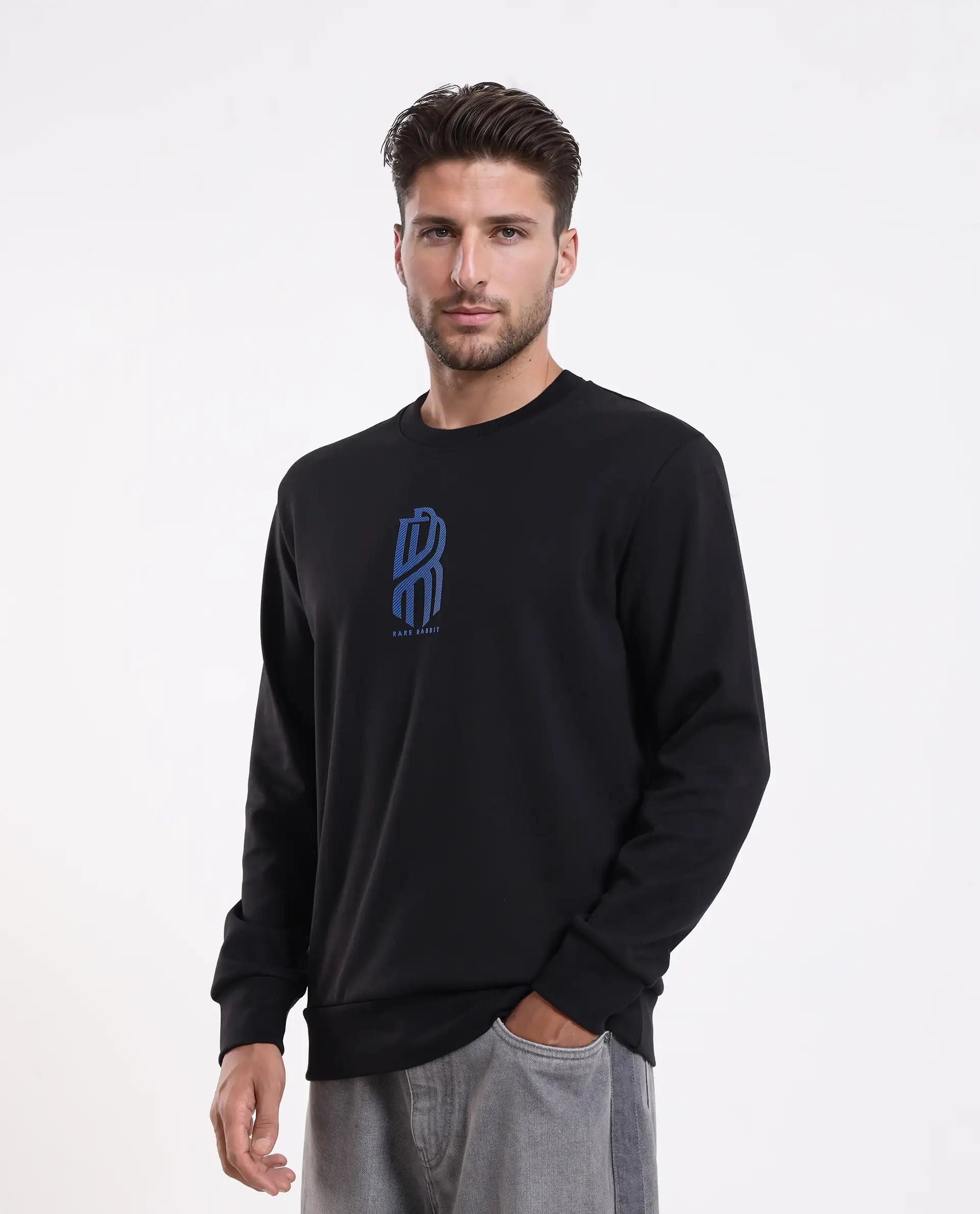 Rare Rabbit Men's Hayd Black Cotton Blend Graphic Print Relaxed Fit Full Sleeve Crew Neck Sweatshirt