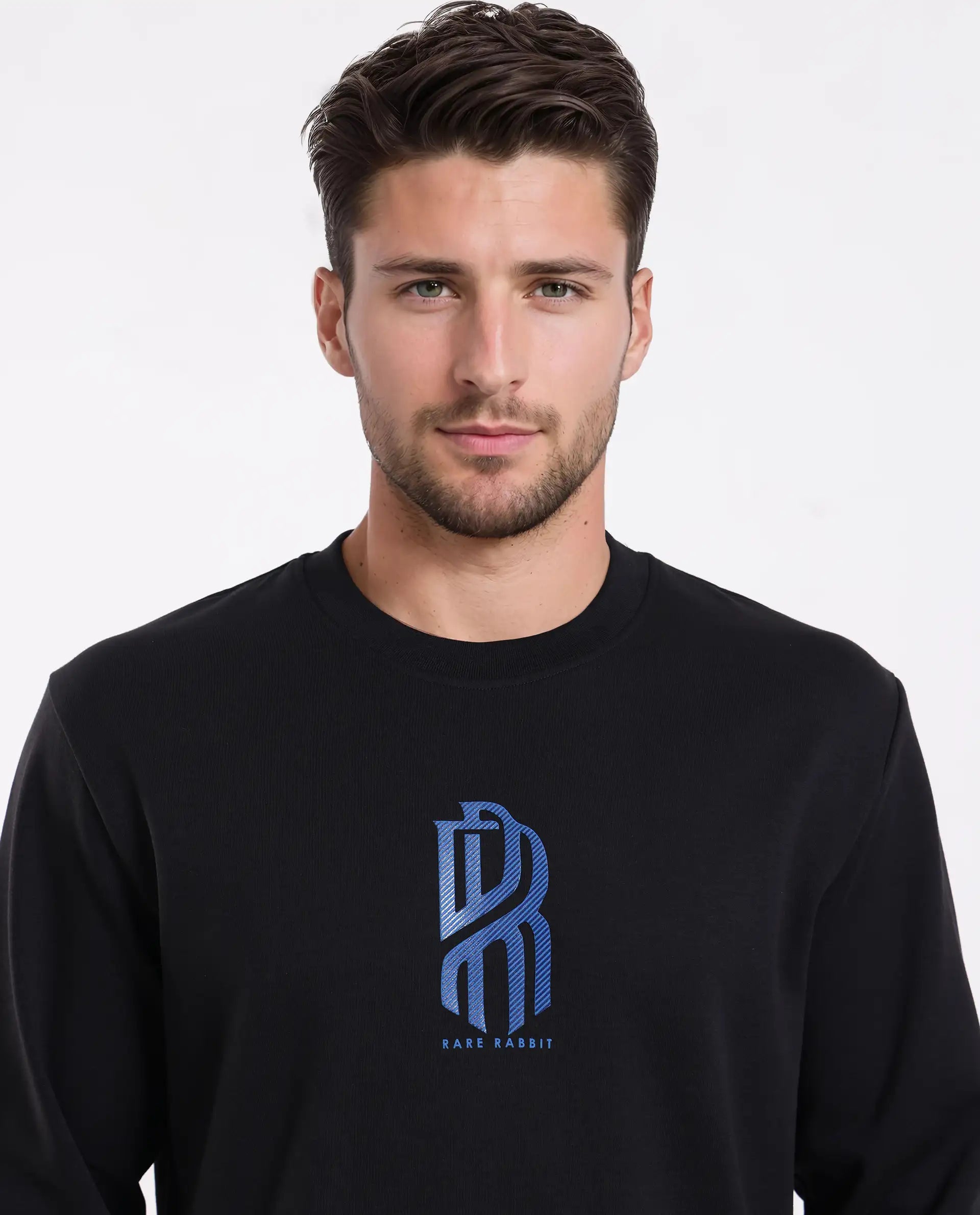 Rare Rabbit Men's Hayd Black Cotton Blend Graphic Print Relaxed Fit Full Sleeve Crew Neck Sweatshirt