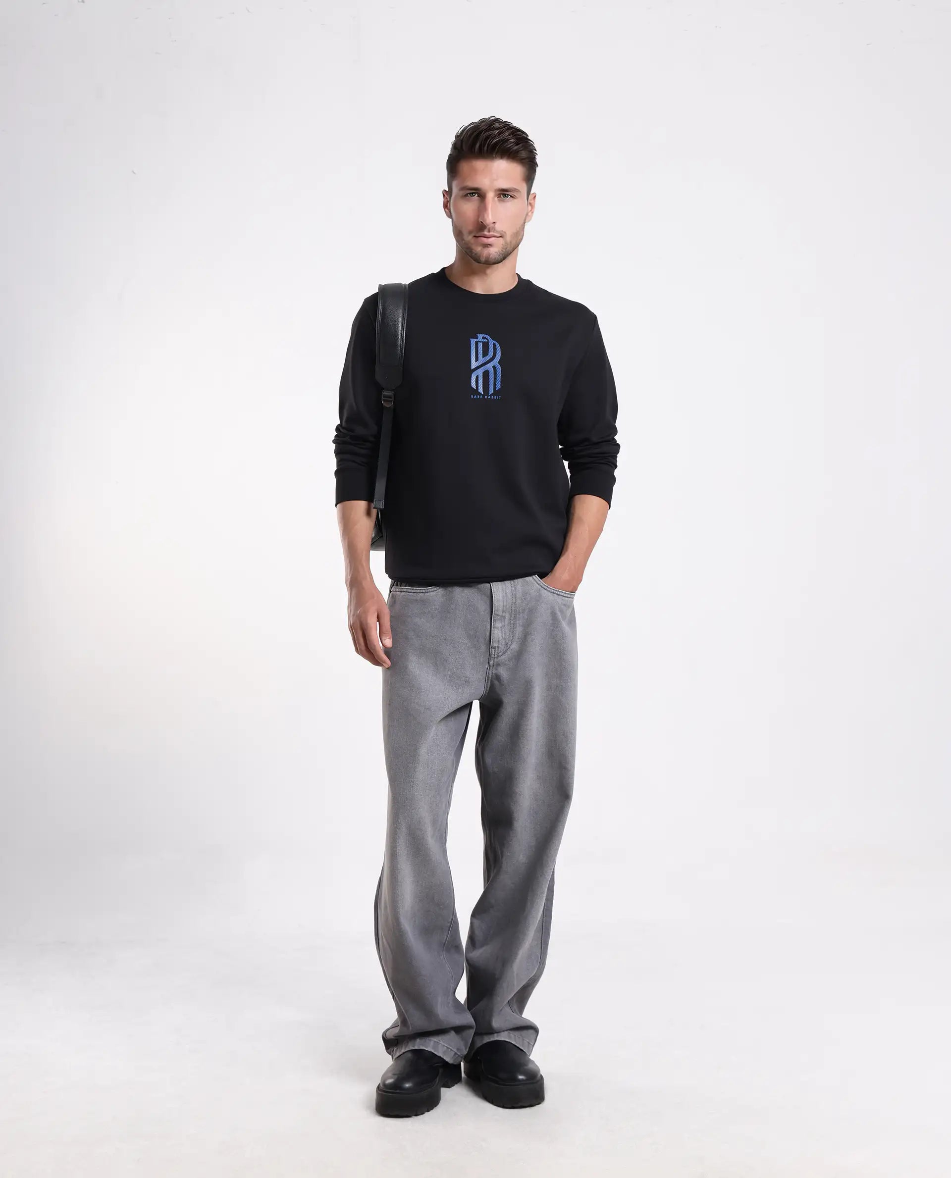 Rare Rabbit Men's Hayd Black Cotton Blend Graphic Print Relaxed Fit Full Sleeve Crew Neck Sweatshirt