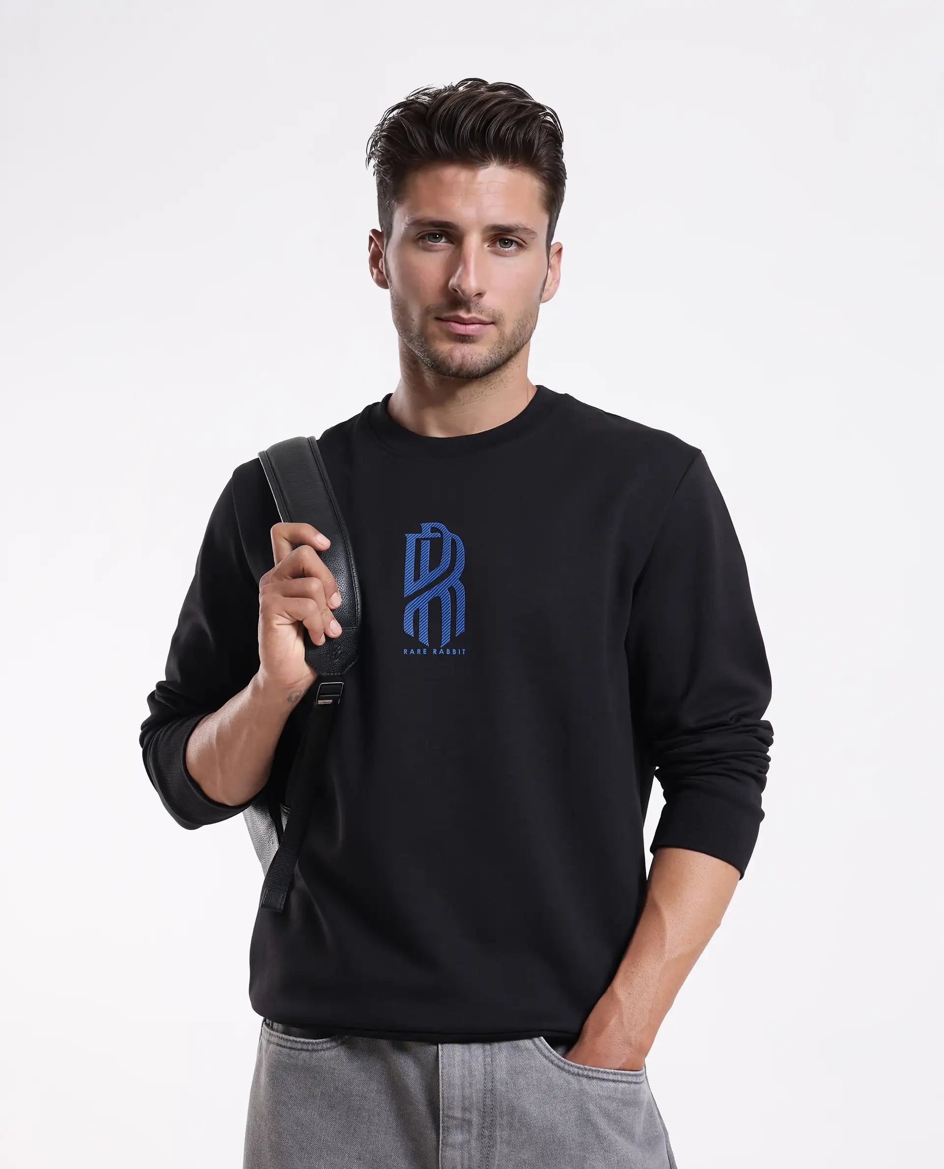 Rare Rabbit Men's Hayd Black Cotton Blend Graphic Print Relaxed Fit Full Sleeve Crew Neck Sweatshirt