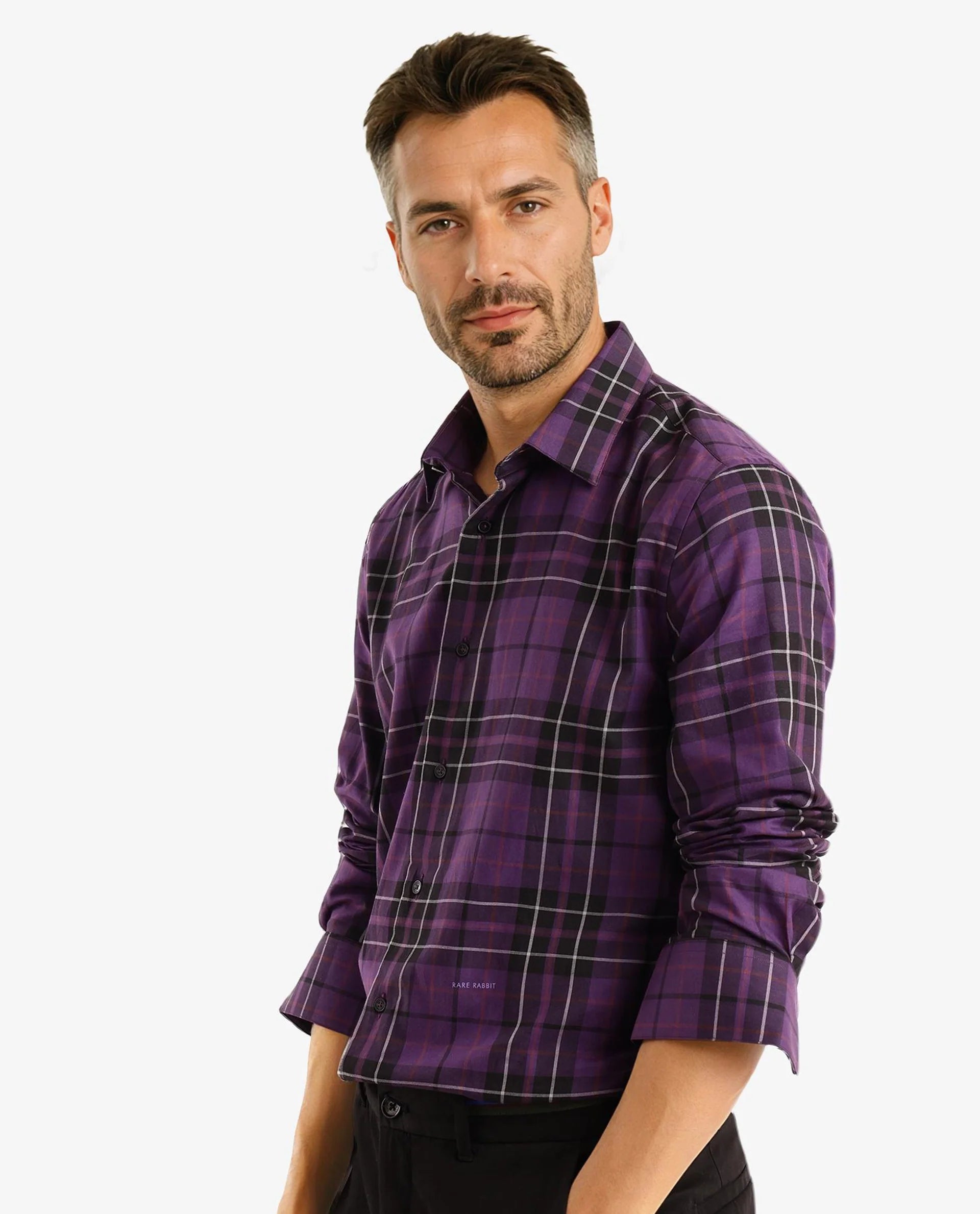 Rare Rabbit Men Haze Dark Purple Full Sleeve Regular Collar Button Closure Regular Fit Checks Shirt