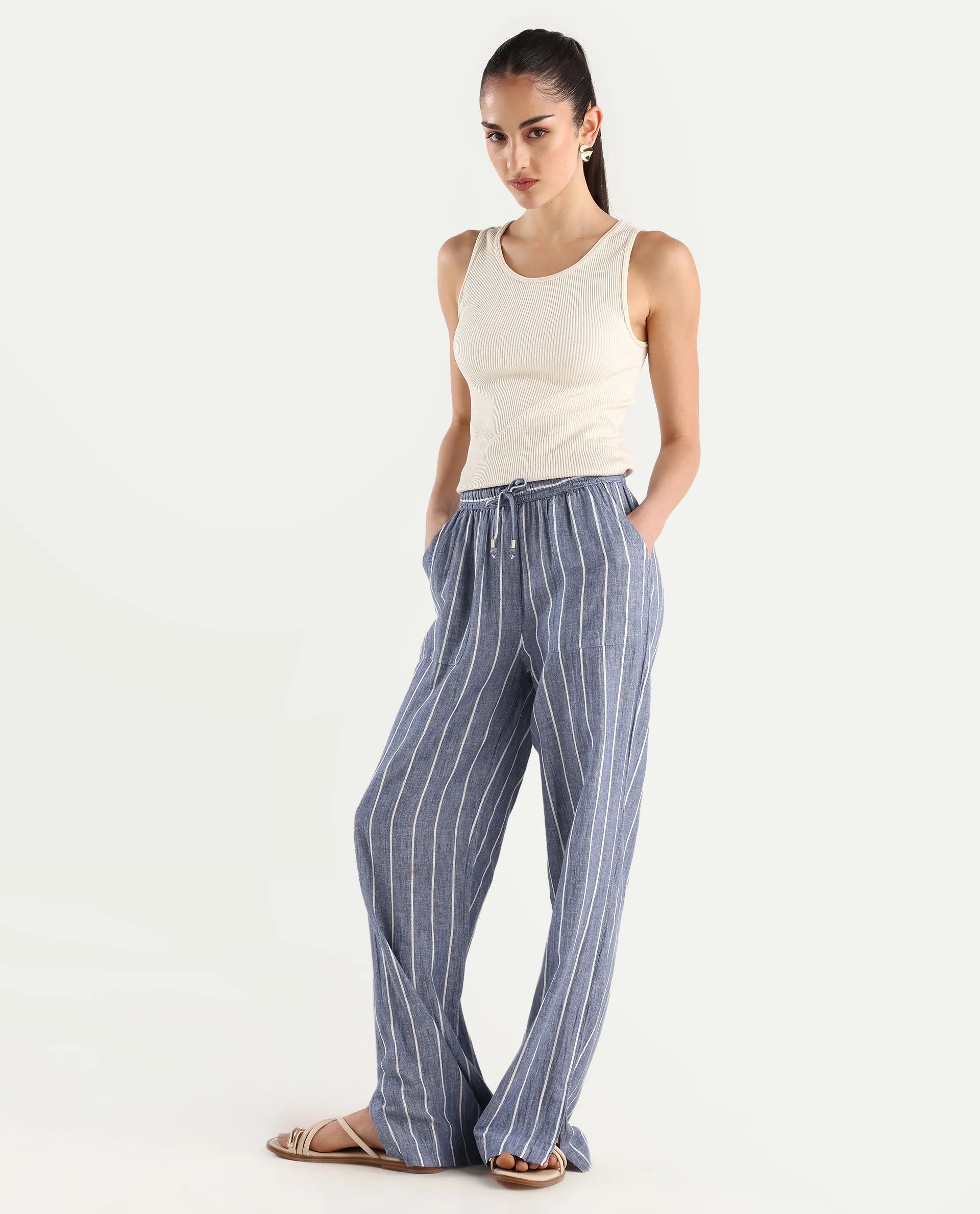 Rareism Women's Helena Blue Linen Striped Ankle Length Relaxed Fit Trouser