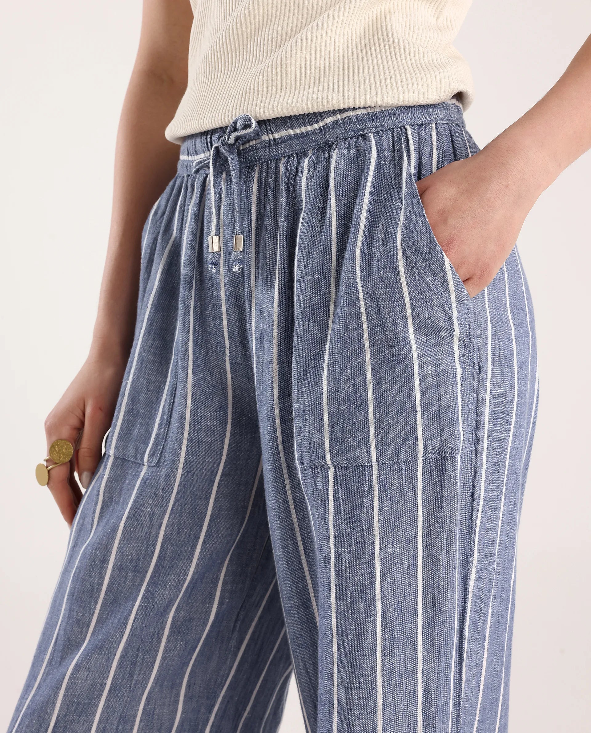 Rareism Women's Helena Blue Linen Striped Ankle Length Relaxed Fit Trouser