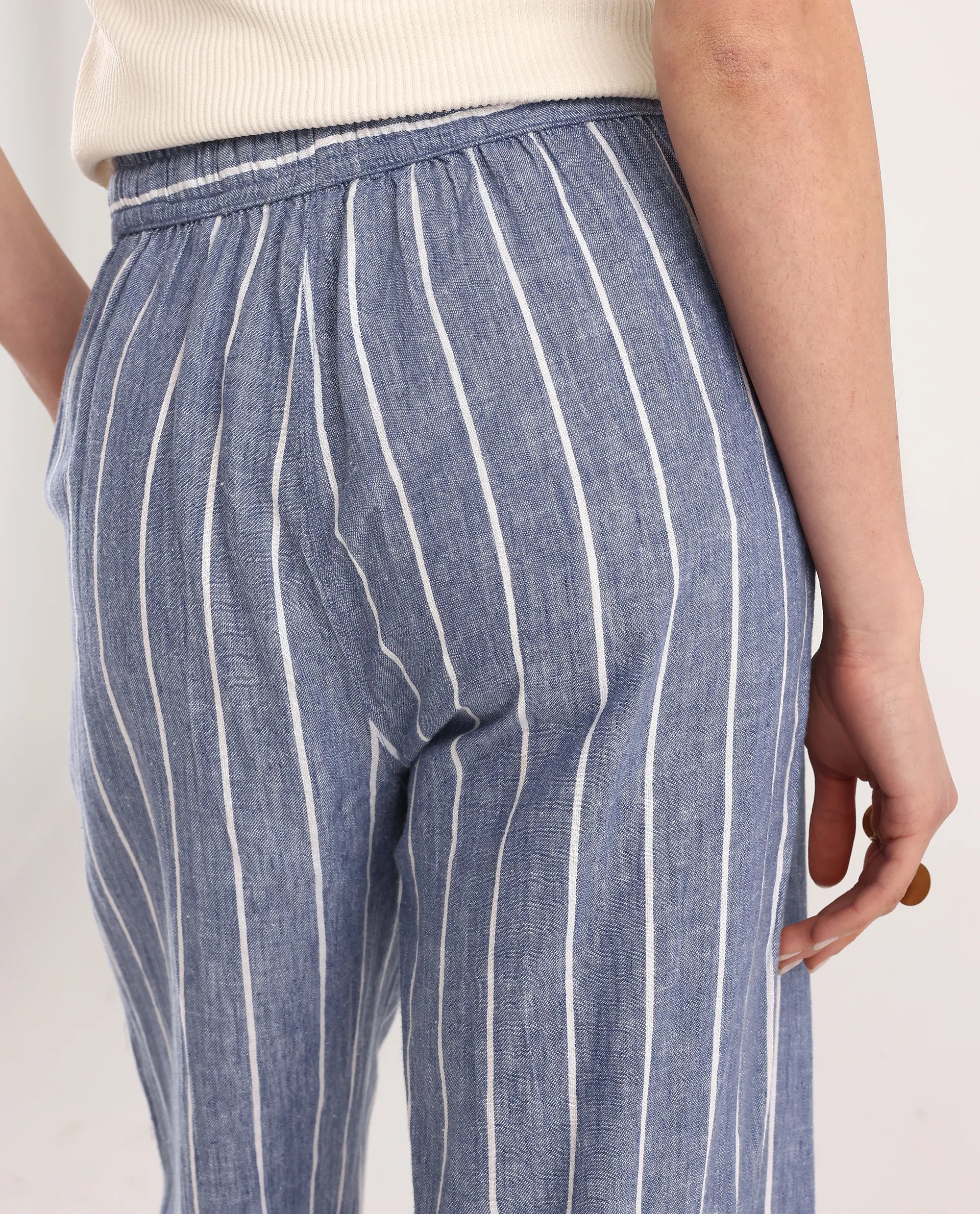 Rareism Women's Helena Blue Linen Striped Ankle Length Relaxed Fit Trouser