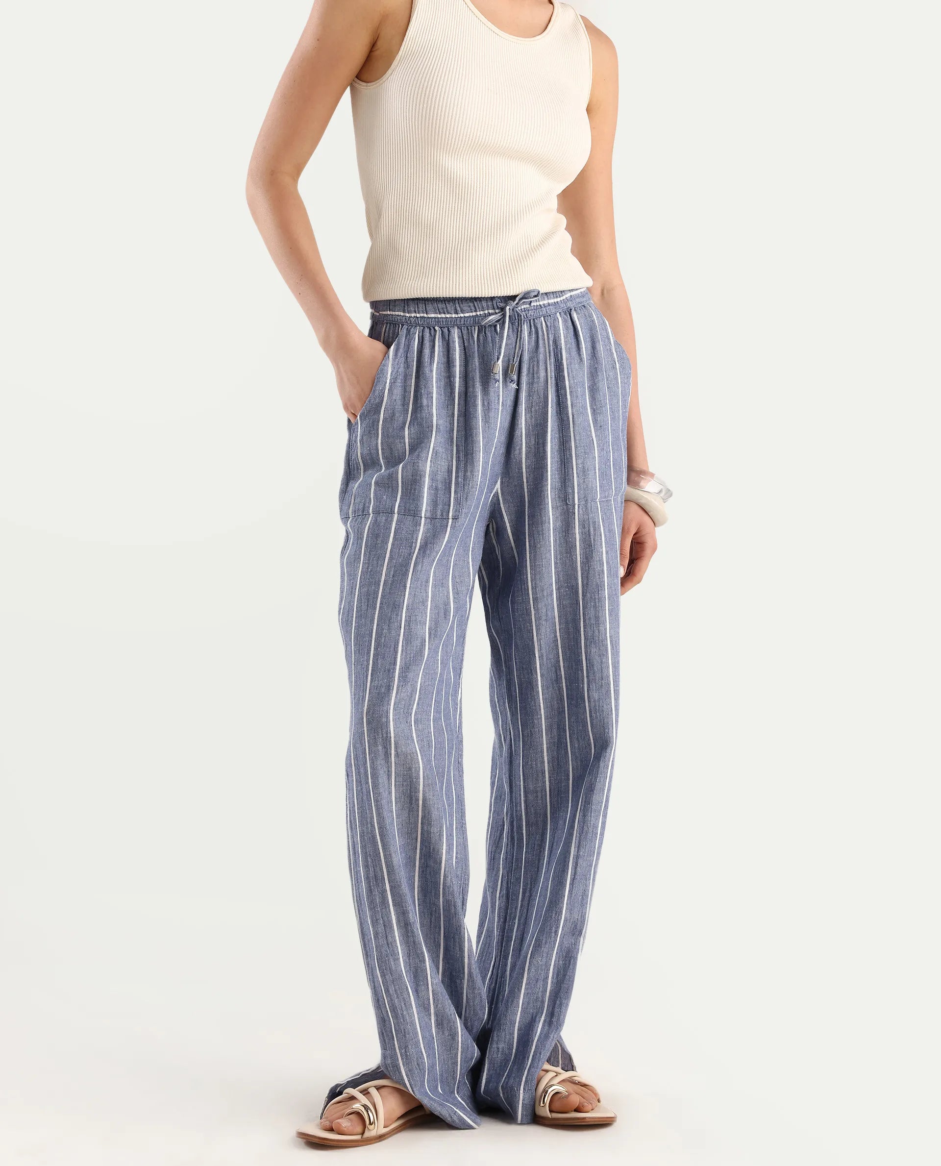 Rareism Women's Helena Blue Linen Striped Ankle Length Relaxed Fit Trouser
