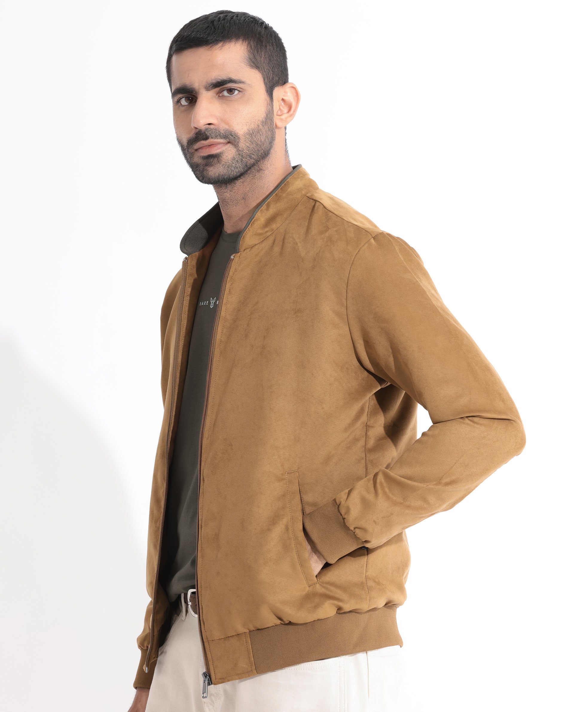 Rare Rabbit Men's Henron Yellow Plain Suede Bomber Jacket