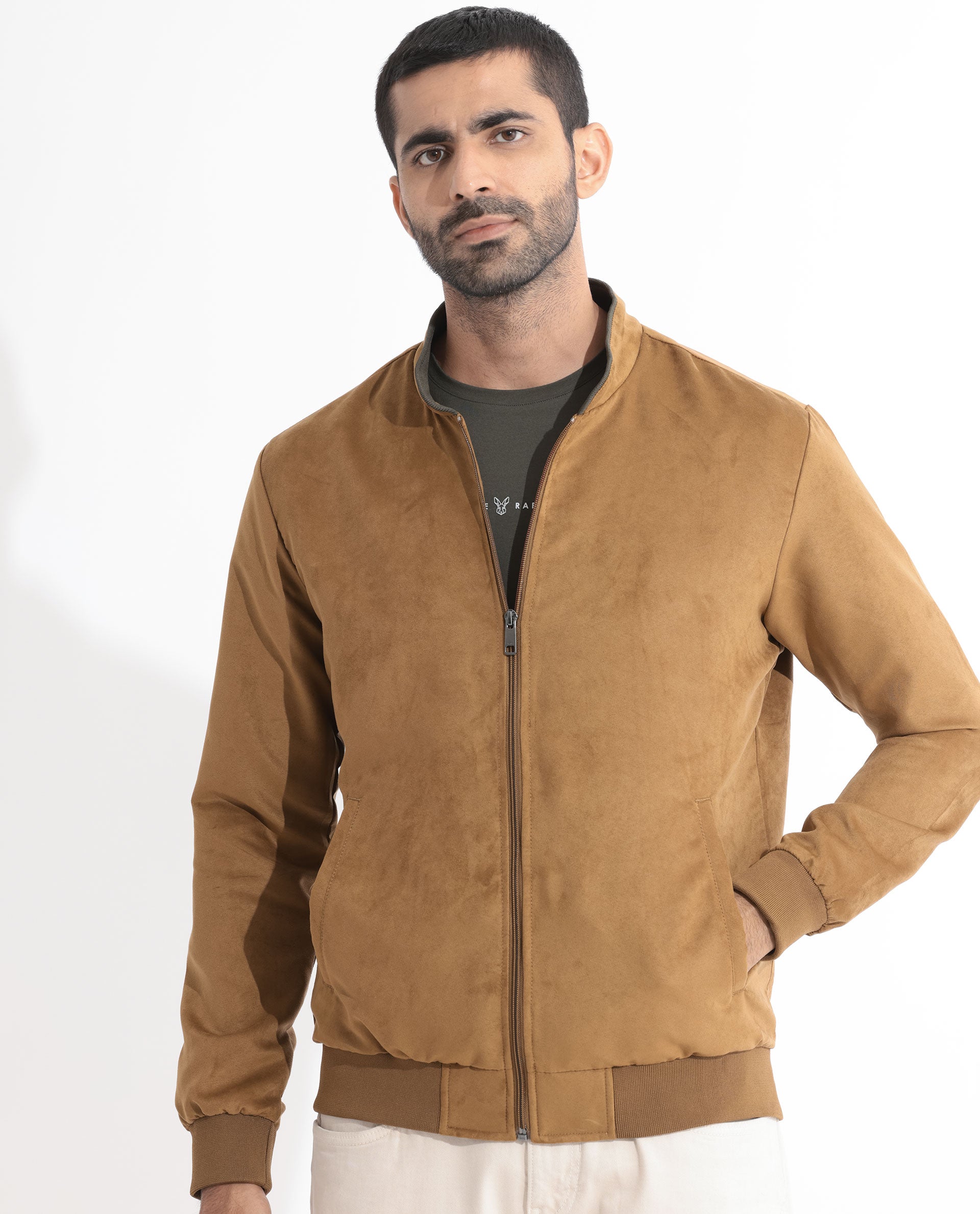 Rare Rabbit Men's Henron Yellow Plain Suede Bomber Jacket