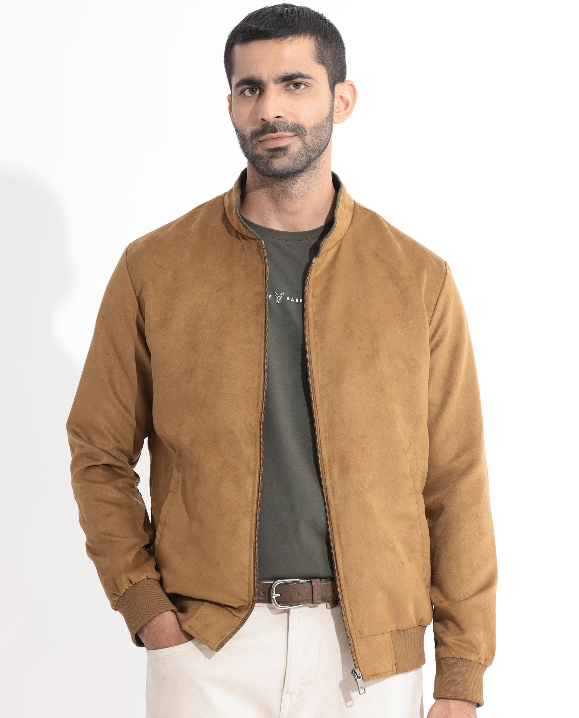 Rare Rabbit Men's Henron Yellow Plain Suede Bomber Jacket