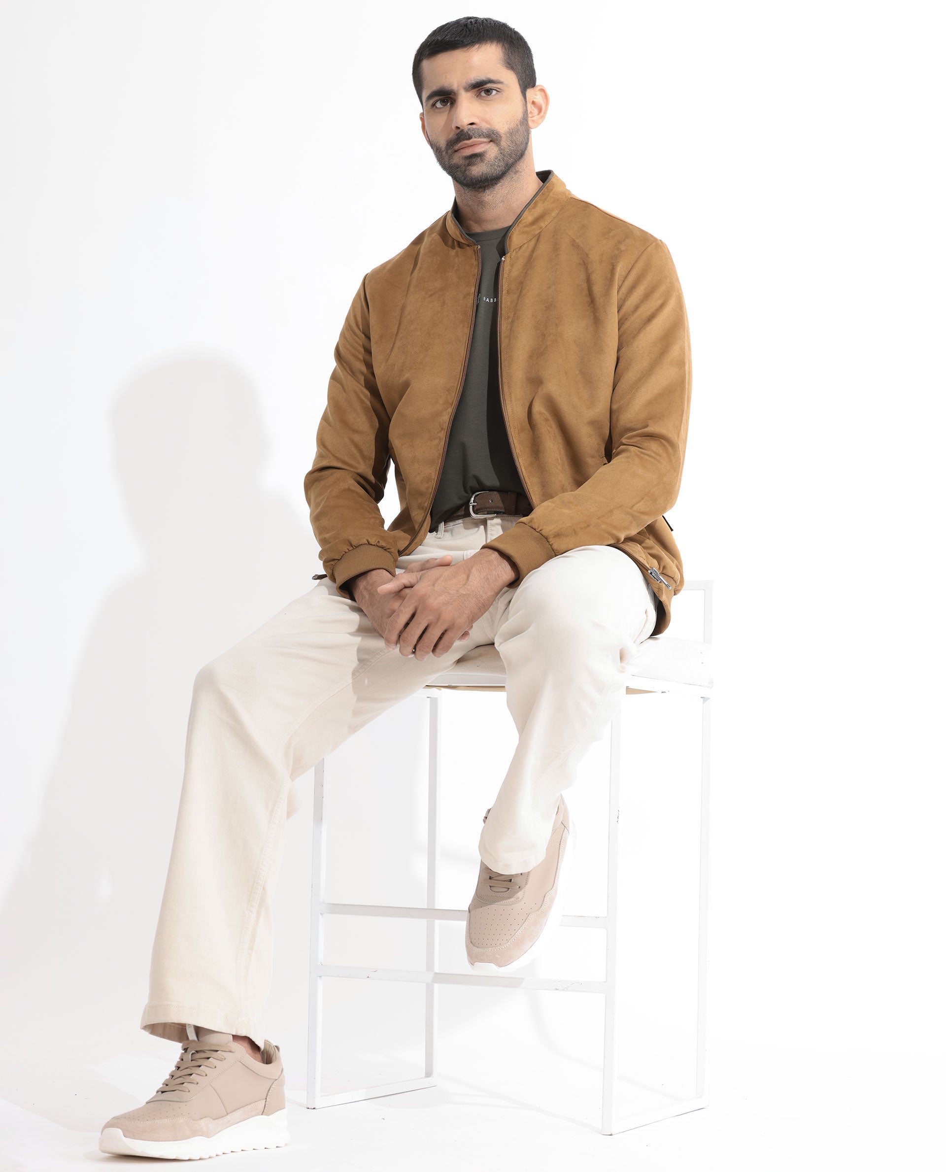 Rare Rabbit Men's Henron Yellow Plain Suede Bomber Jacket