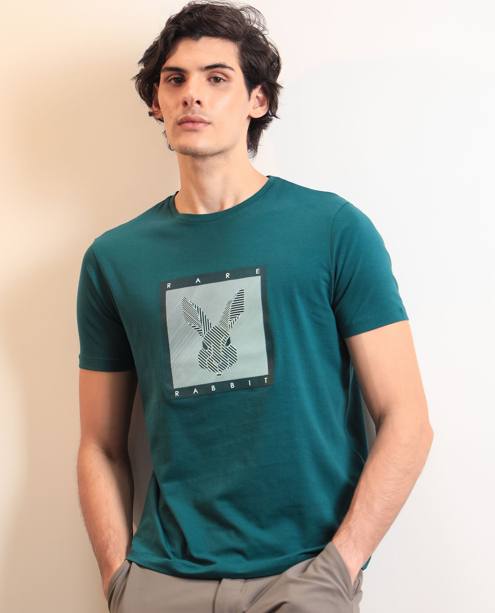 Rare Rabbit Men's Princeton Green Crew Neck Graphic Logo Printed Half Sleeves Slim Fit T-Shirt