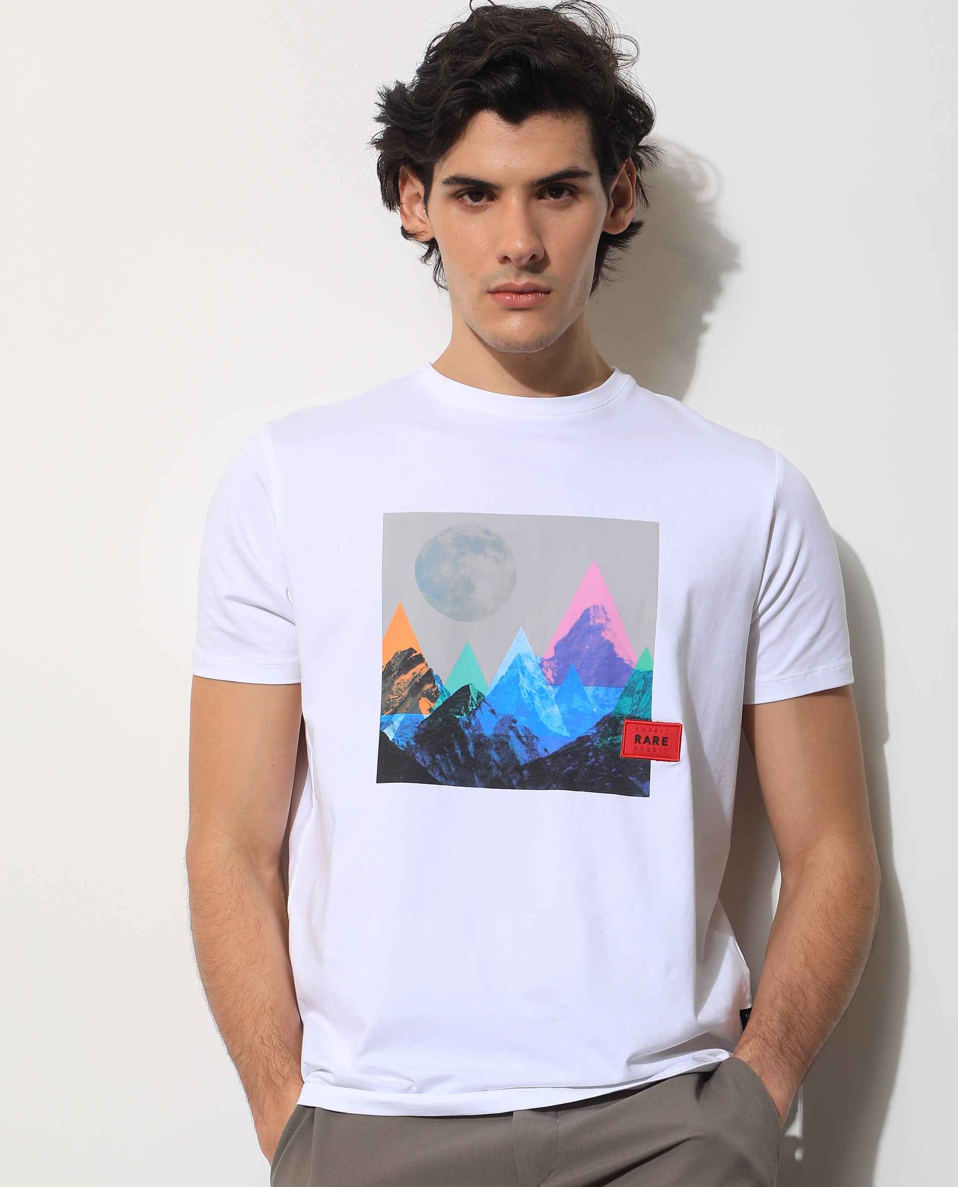 Rare Rabbit Men's Oden White Crew Neck Abstract Graphic Printed Half Sleeves Slim Fit T-Shirt