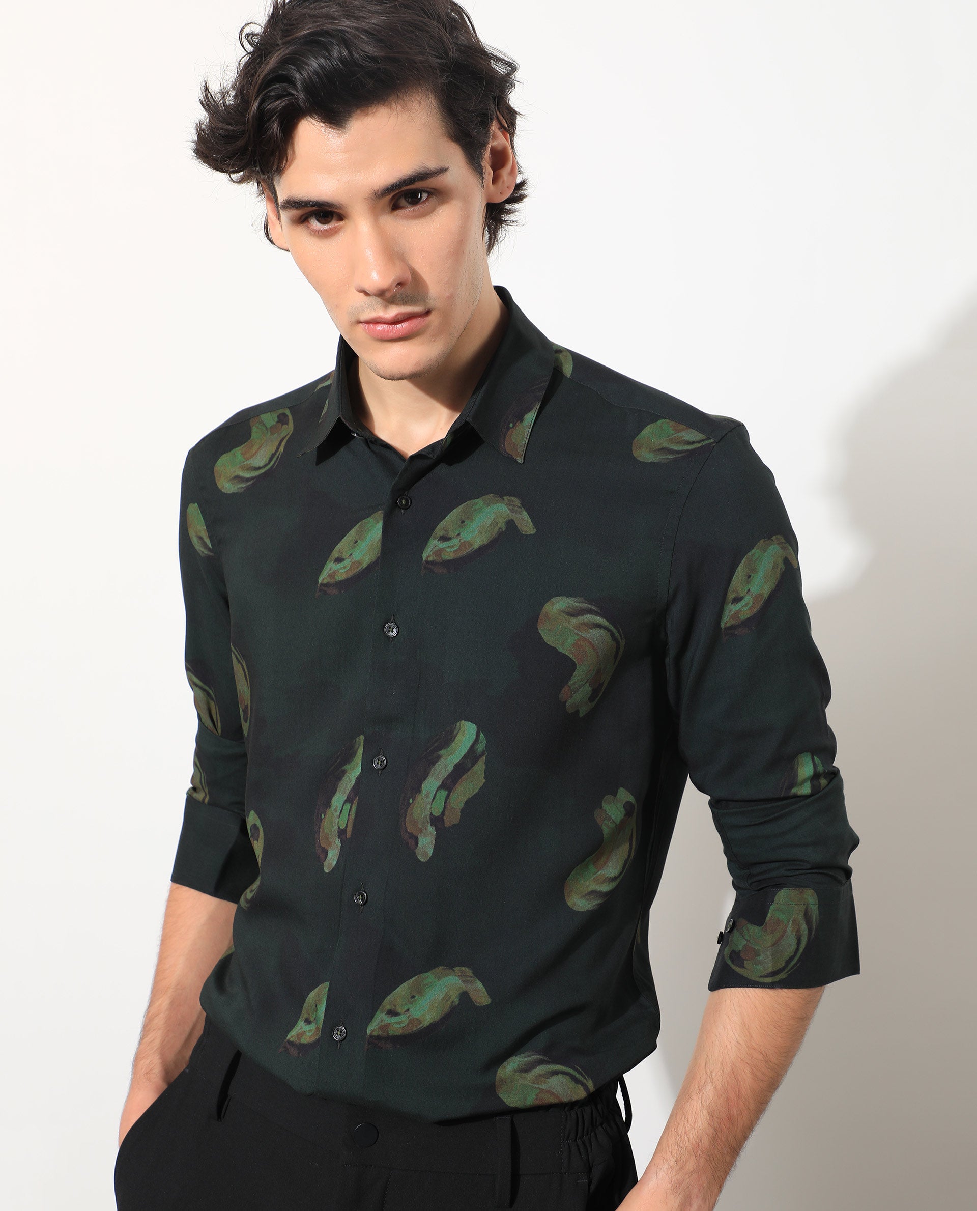 Rare Rabbit Men's Inari Dark Green Viscose Fabric Abstract Print Full Sleeves Shirt
