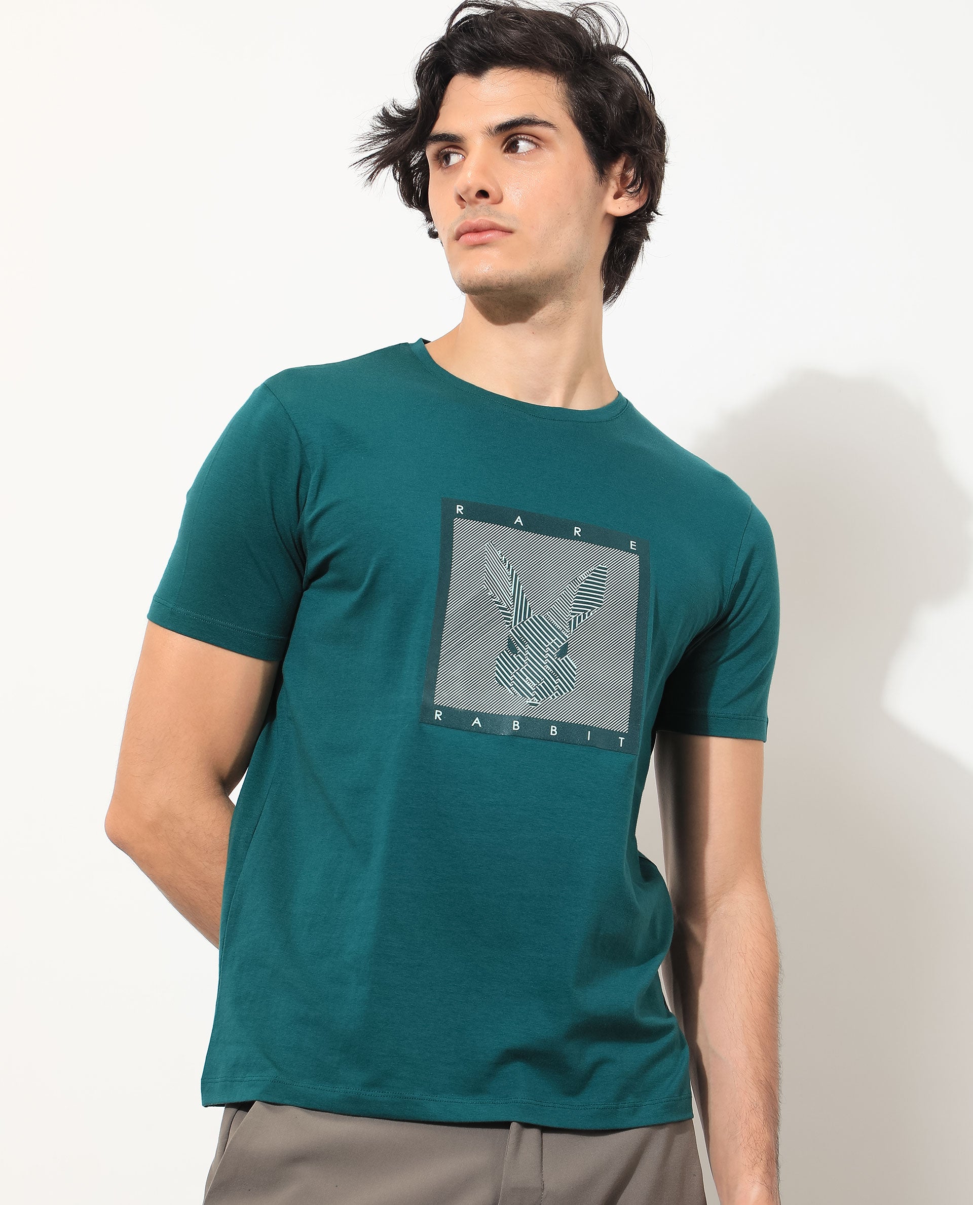 Rare Rabbit Men's Princeton Green Crew Neck Graphic Logo Printed Half Sleeves Slim Fit T-Shirt