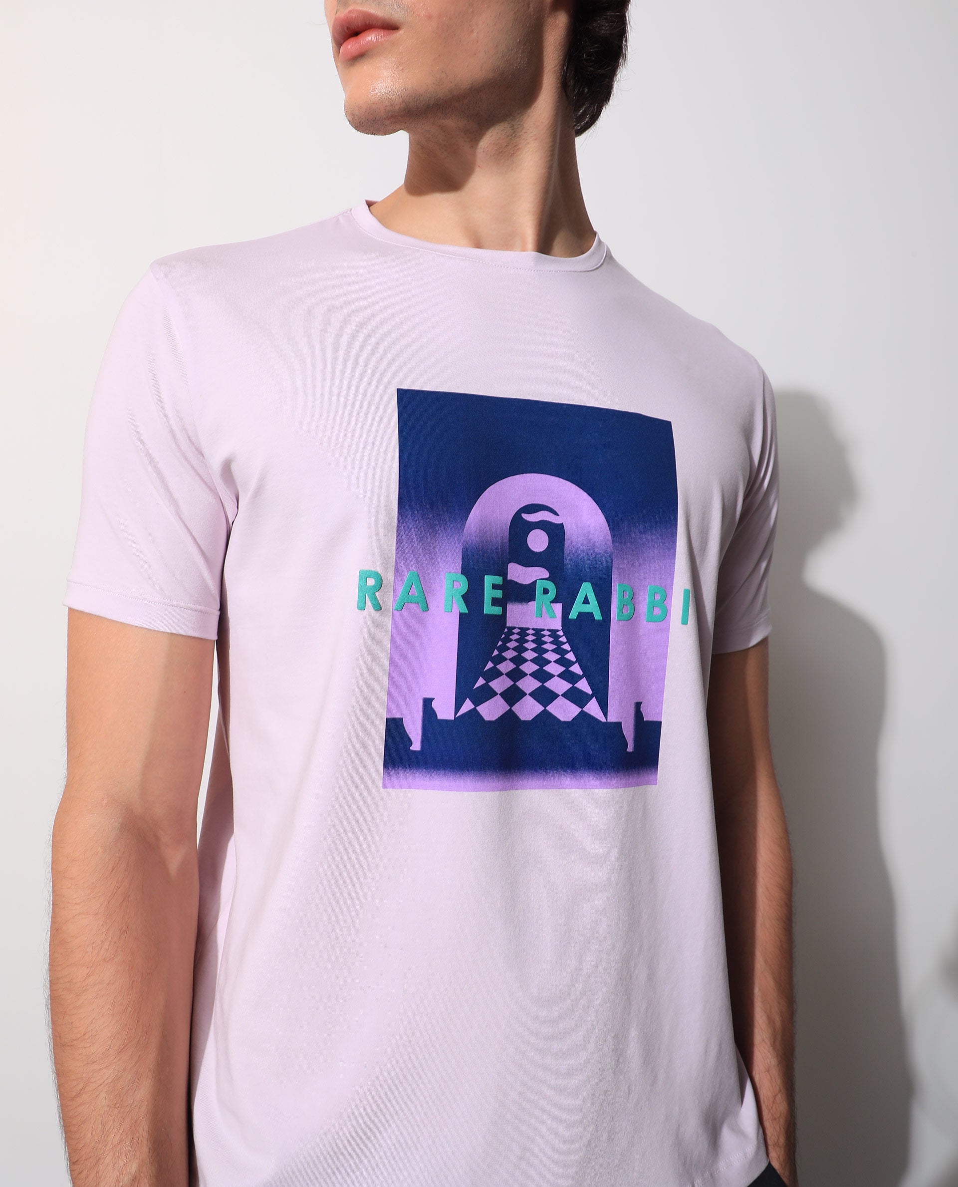 Rare Rabbit Men's Rives Pastel Purple Crew Neck Discharge and HD Print Branding Half Sleeves Slim Fit T-Shirt