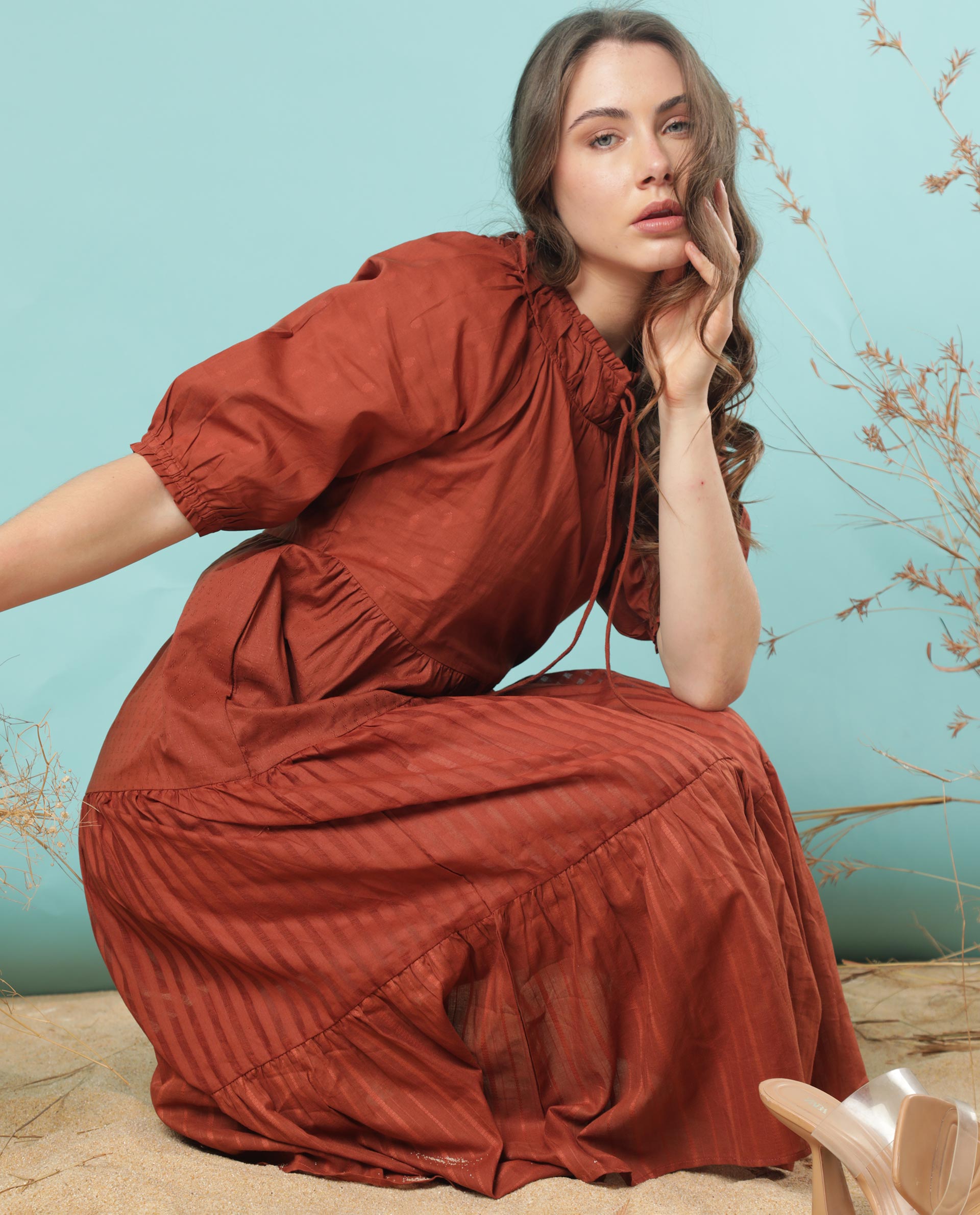Rareism Women Myle Brown Gathered Neck With Front Tie Up Puff Sleeves And Pockets Tiered Maxi Dress