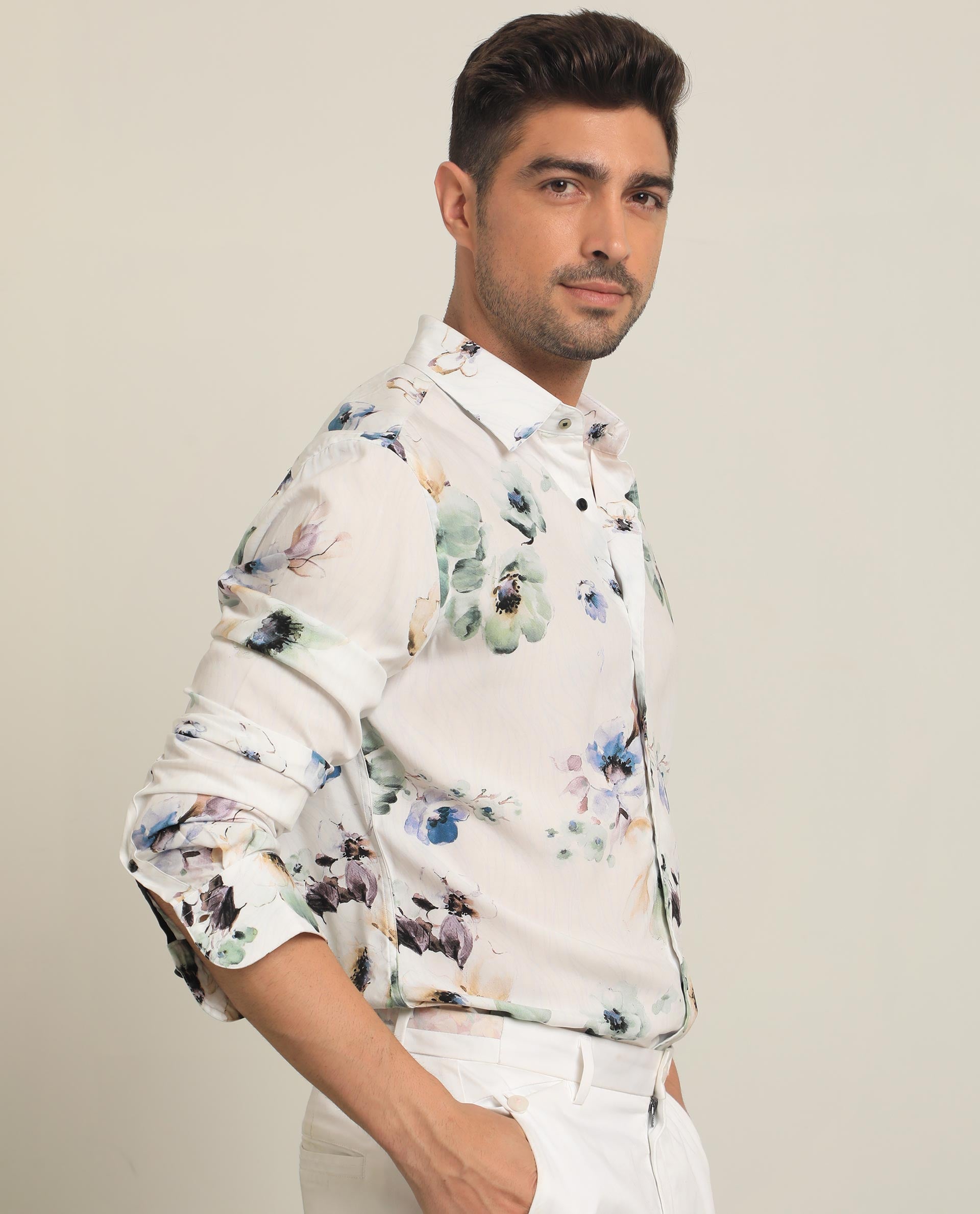 Rare Rabbit Men's Flowey White Viscose Fabric Full Sleeves Regular Fit Floral Print Shirt