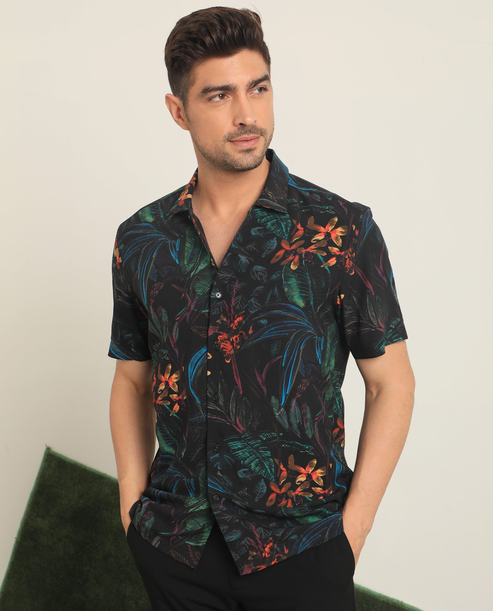 Rare Rabbit Men's Dabney Black Viscose Fabric Half Sleeves Tropical Print Shirt