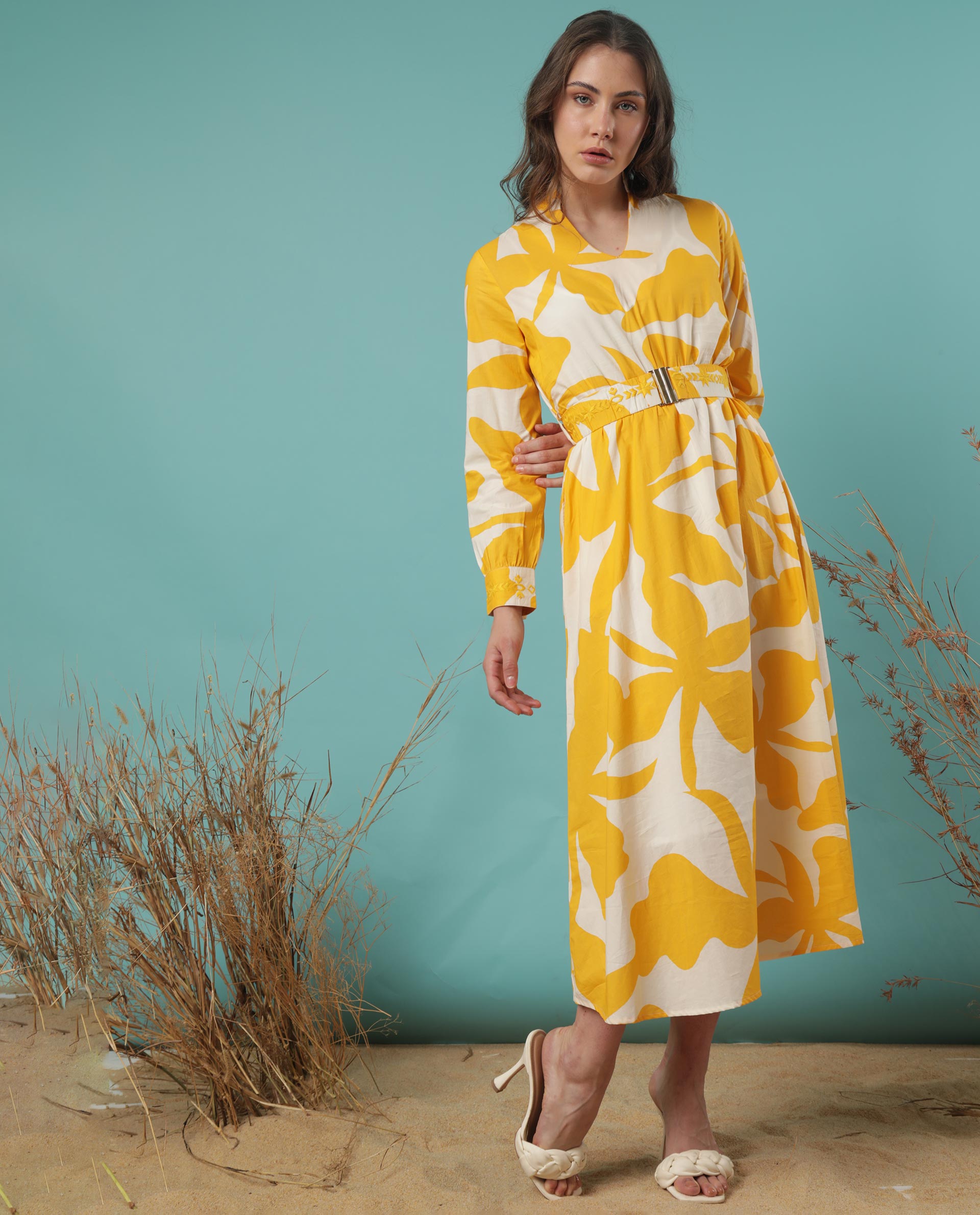 Rareism Women Eliott White Floral Print Mandarin Collar V Neck Full Sleeves With Cuff And Fabric Waist Belt Midi Dress