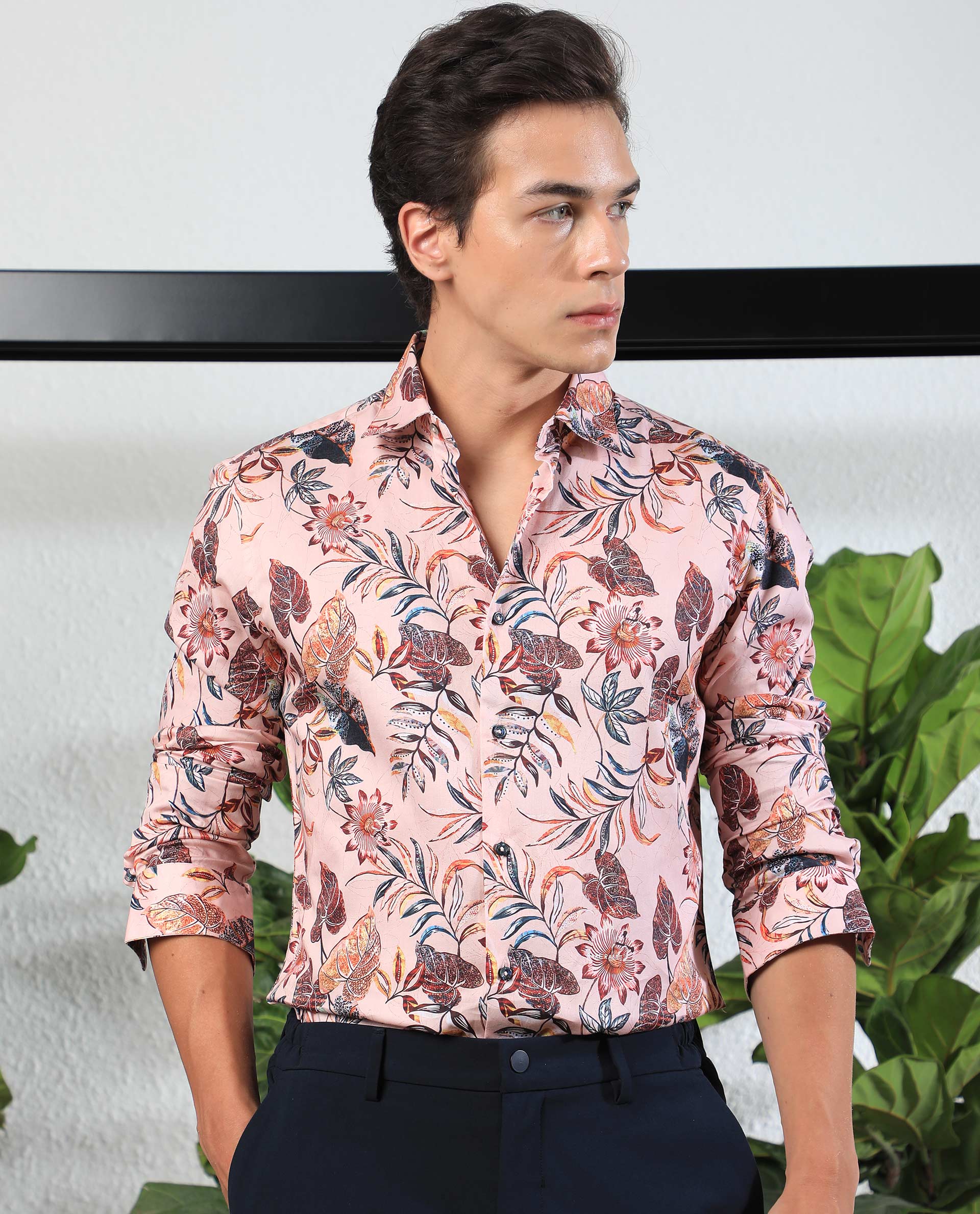 Rare Rabbit Men's Misons Pink Cotton Fabric Floral Print Full Sleeves Shirt