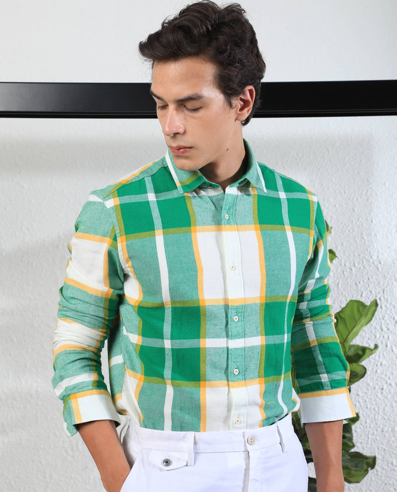 Rare Rabbit Men's Rayo Green Cotton Fabric Full Sleeves Twill Checks Shirt