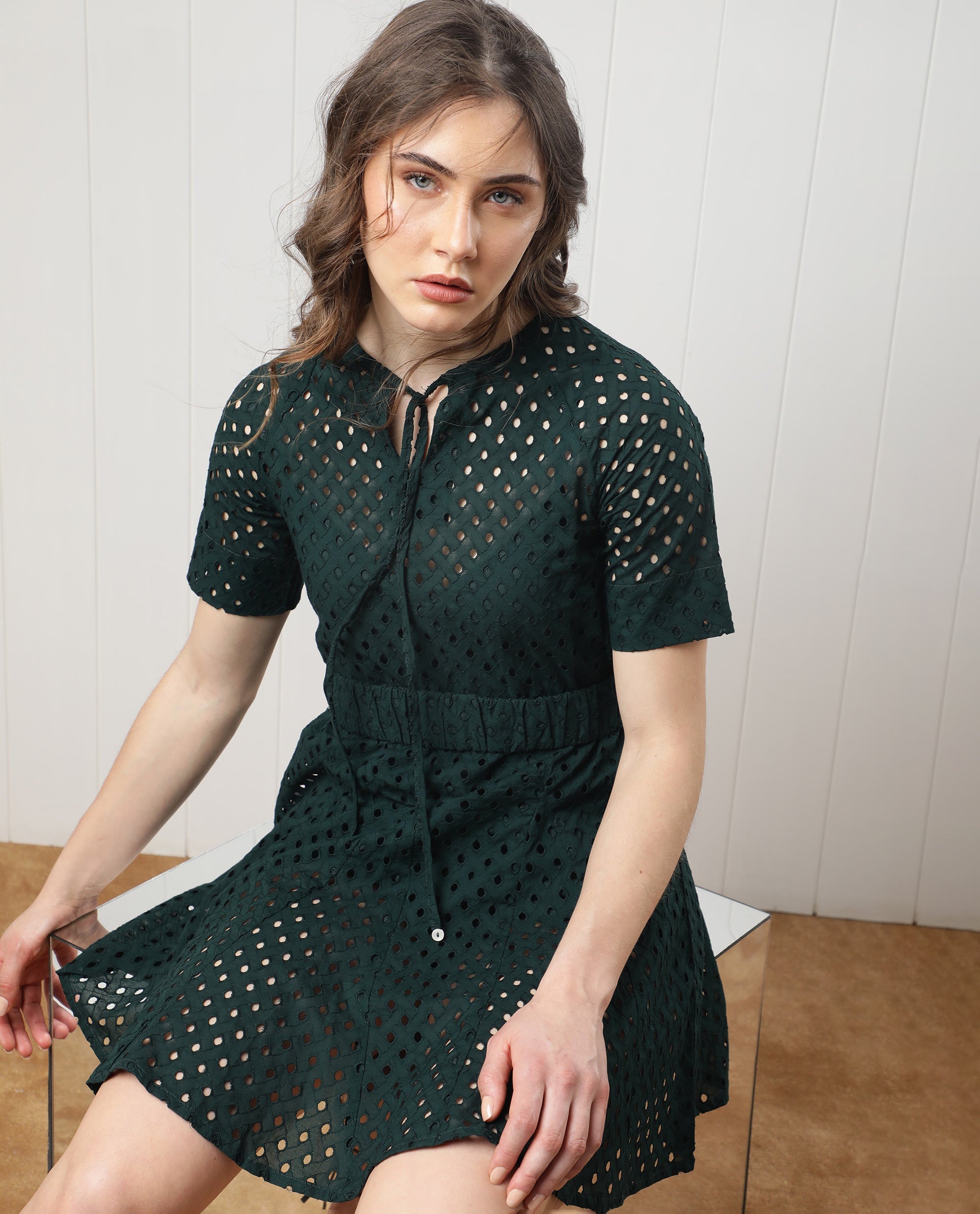 Rareism Women Bex Fluorescent Green Schiffili Round Tie Up Neck With Short Sleeves And Elastic Belt At Waist Mini Dress