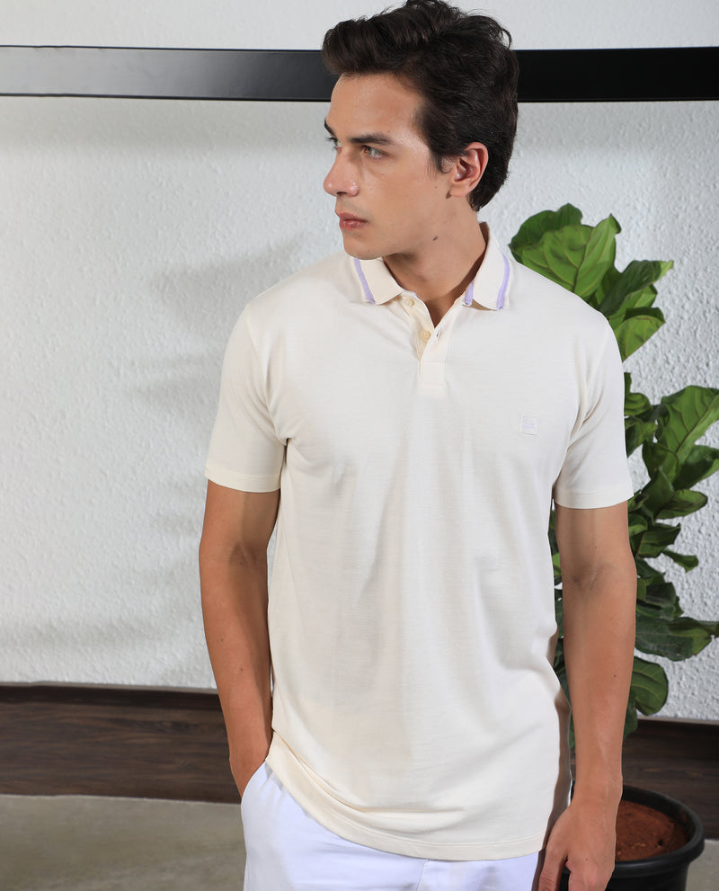RARE RABBIT MEN'S TAPERS OFFWHITE POLO COTTON FABRIC SHORT SLEEVES COLLARED NECK BUTTON CLOSURE SLIM FIT