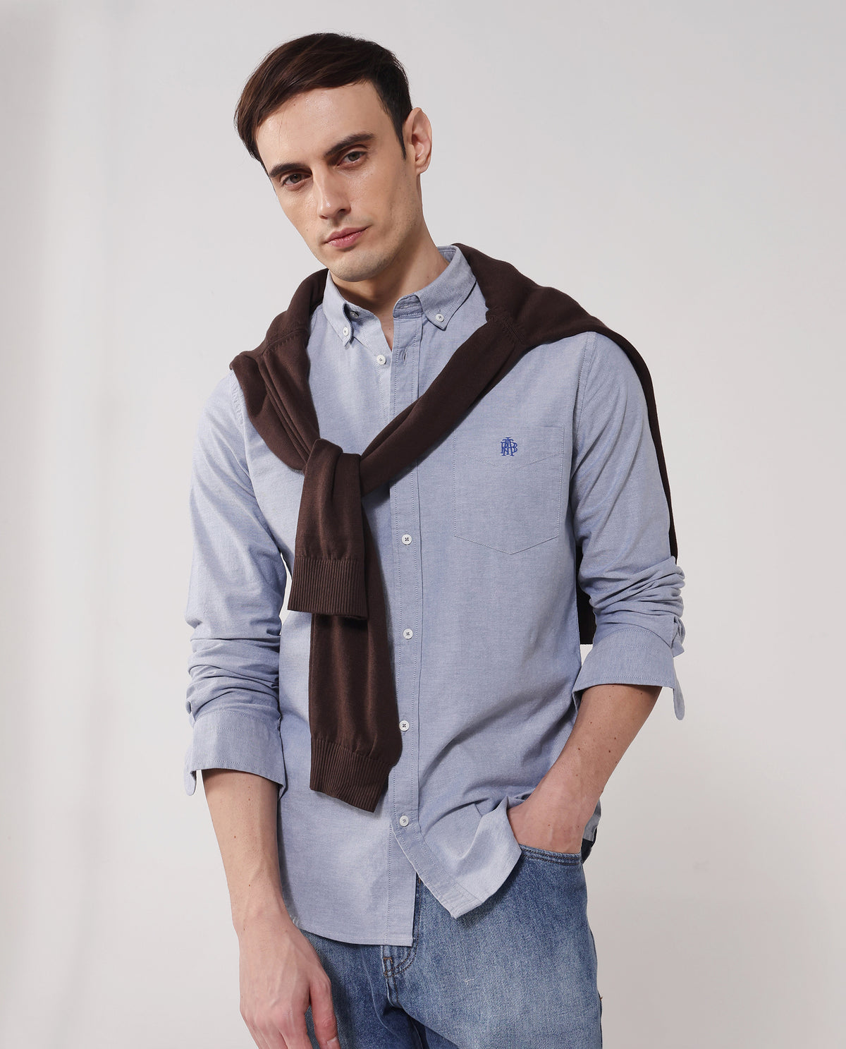 Rare Rabbit Men Oxob Dusky Blue Full Sleeve Collared Neck Button Closure Regular Fit Plain Shirt