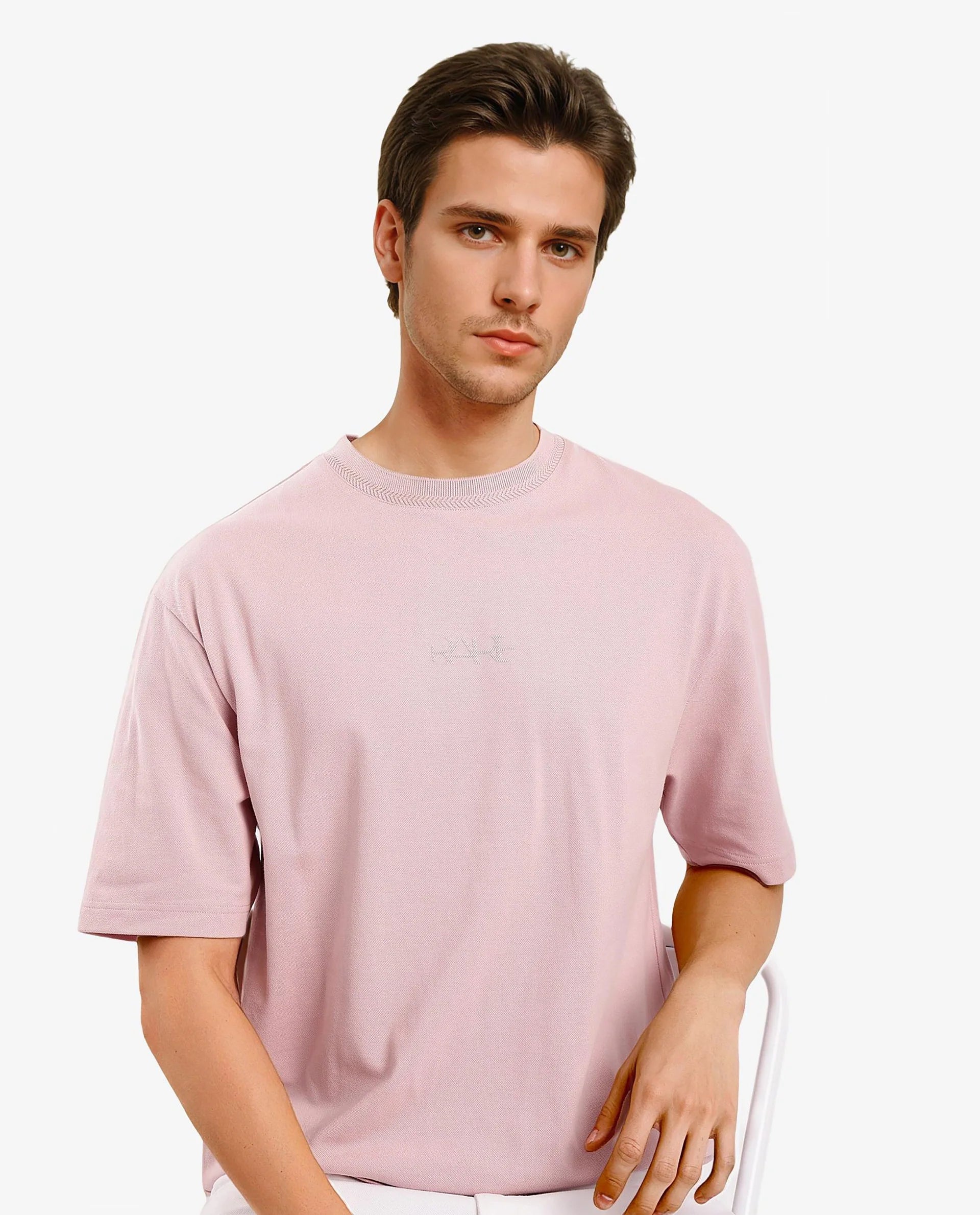 Rare Rabbit Mens Heros-1 Light Pink Cotton Lycra Fabric Blend Drop Shoulder Short Sleeve Oversized Fit Embroidered Logo T-Shirt