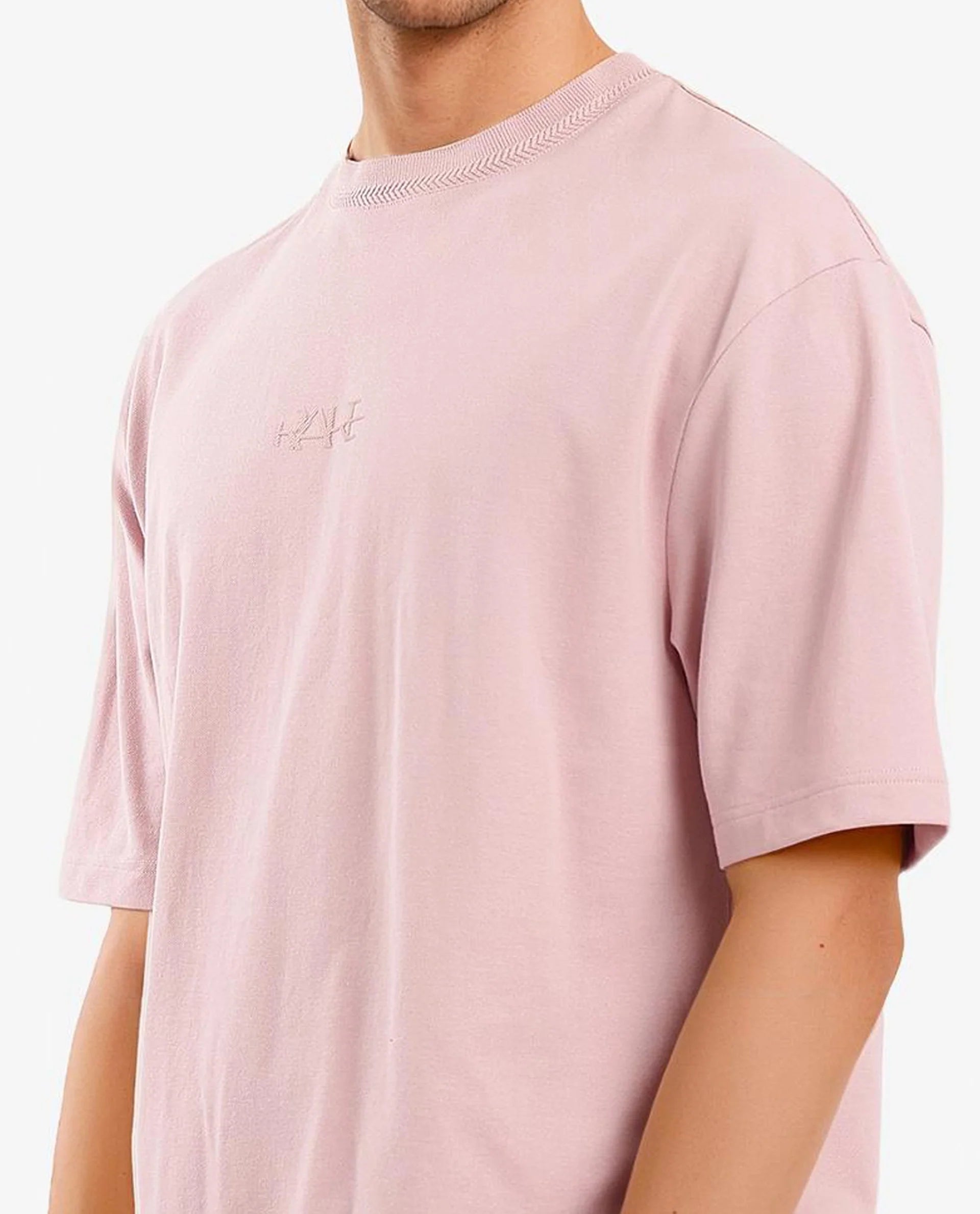 Rare Rabbit Mens Heros-1 Light Pink Cotton Lycra Fabric Blend Drop Shoulder Short Sleeve Oversized Fit Embroidered Logo T-Shirt