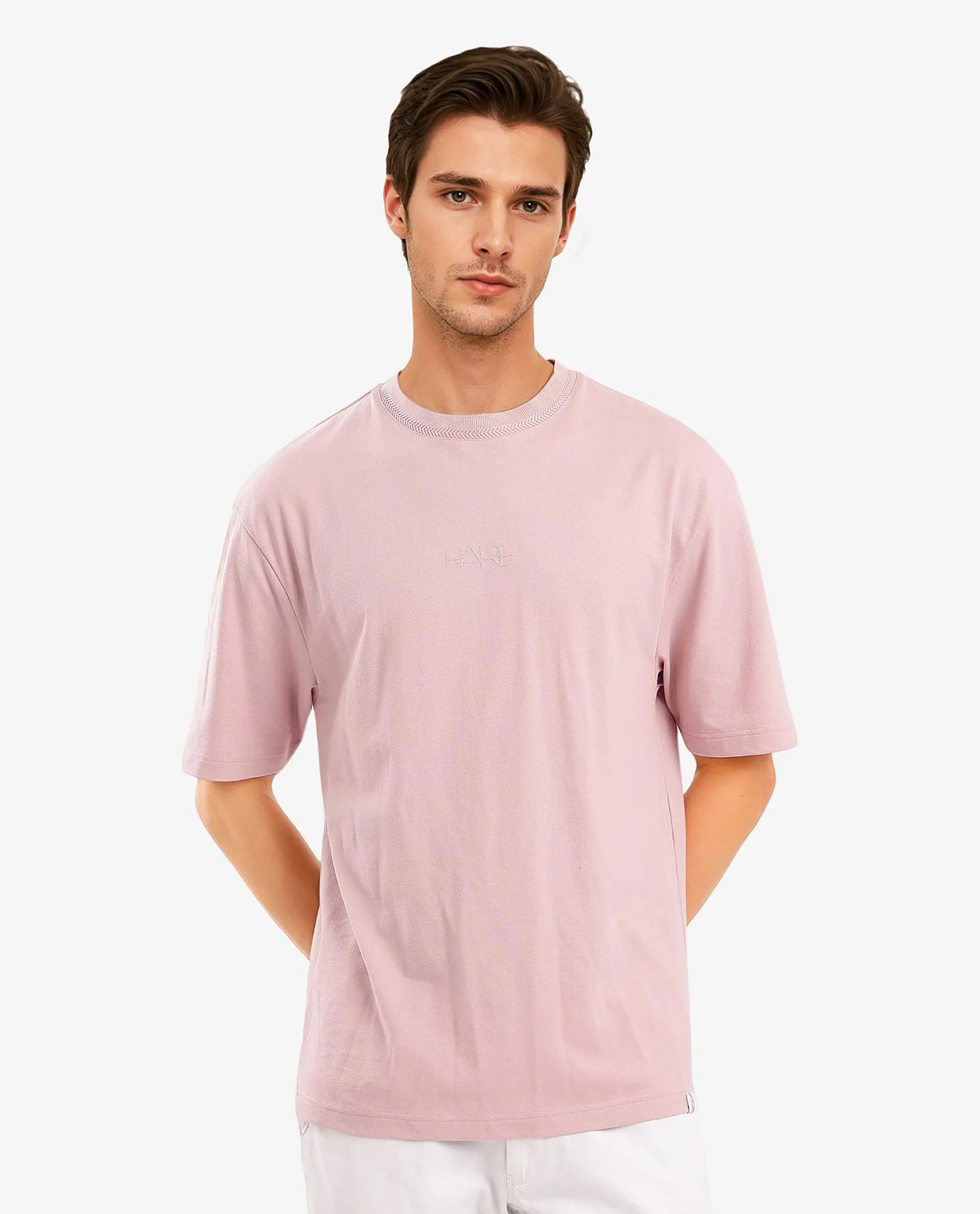 Rare Rabbit Mens Heros-1 Light Pink Cotton Lycra Fabric Blend Drop Shoulder Short Sleeve Oversized Fit Embroidered Logo T-Shirt