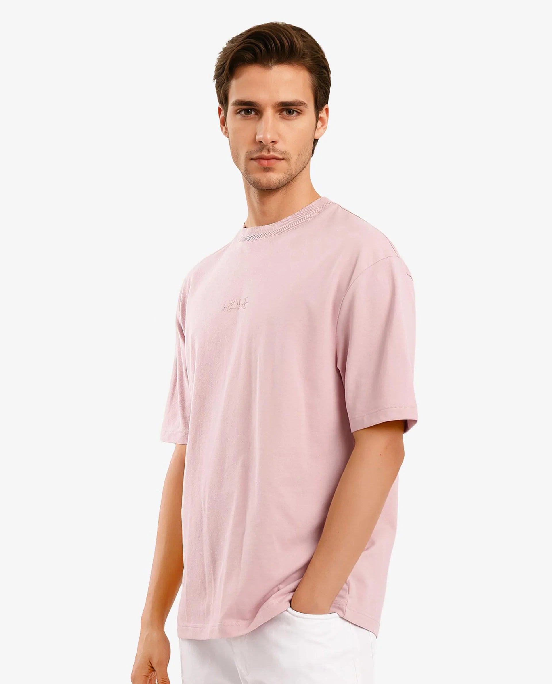 Rare Rabbit Mens Heros-1 Light Pink Cotton Lycra Fabric Blend Drop Shoulder Short Sleeve Oversized Fit Embroidered Logo T-Shirt