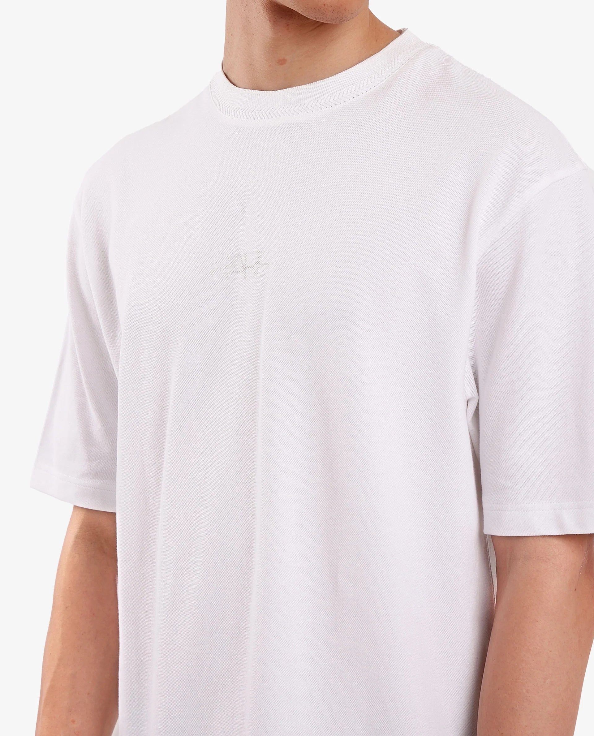 Rare Rabbit Mens Heros-1 White Cotton Lycra Fabric Blend Drop Shoulder Short Sleeve Oversized Fit Embroidered Logo T-Shirt