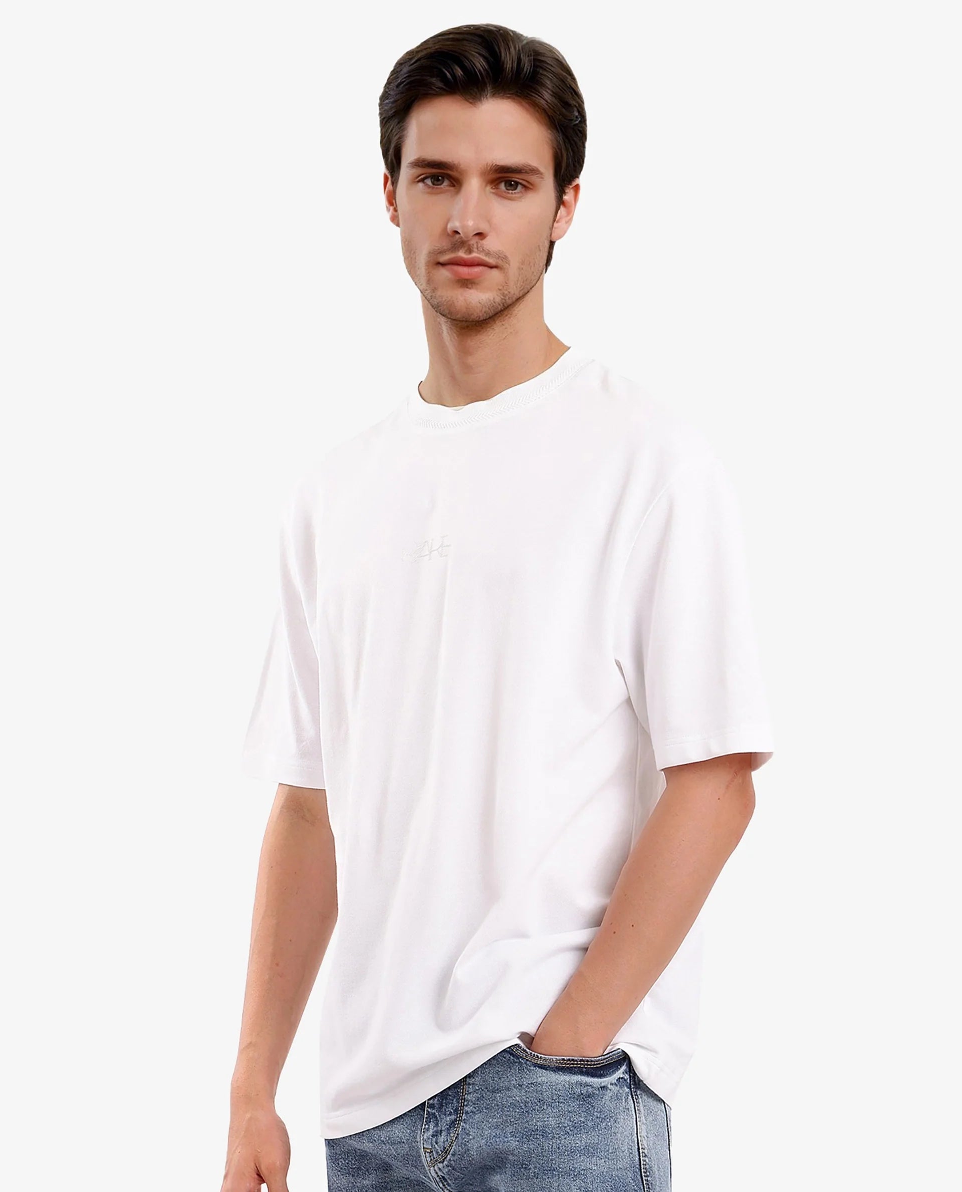 Rare Rabbit Mens Heros-1 White Cotton Lycra Fabric Blend Drop Shoulder Short Sleeve Oversized Fit Embroidered Logo T-Shirt