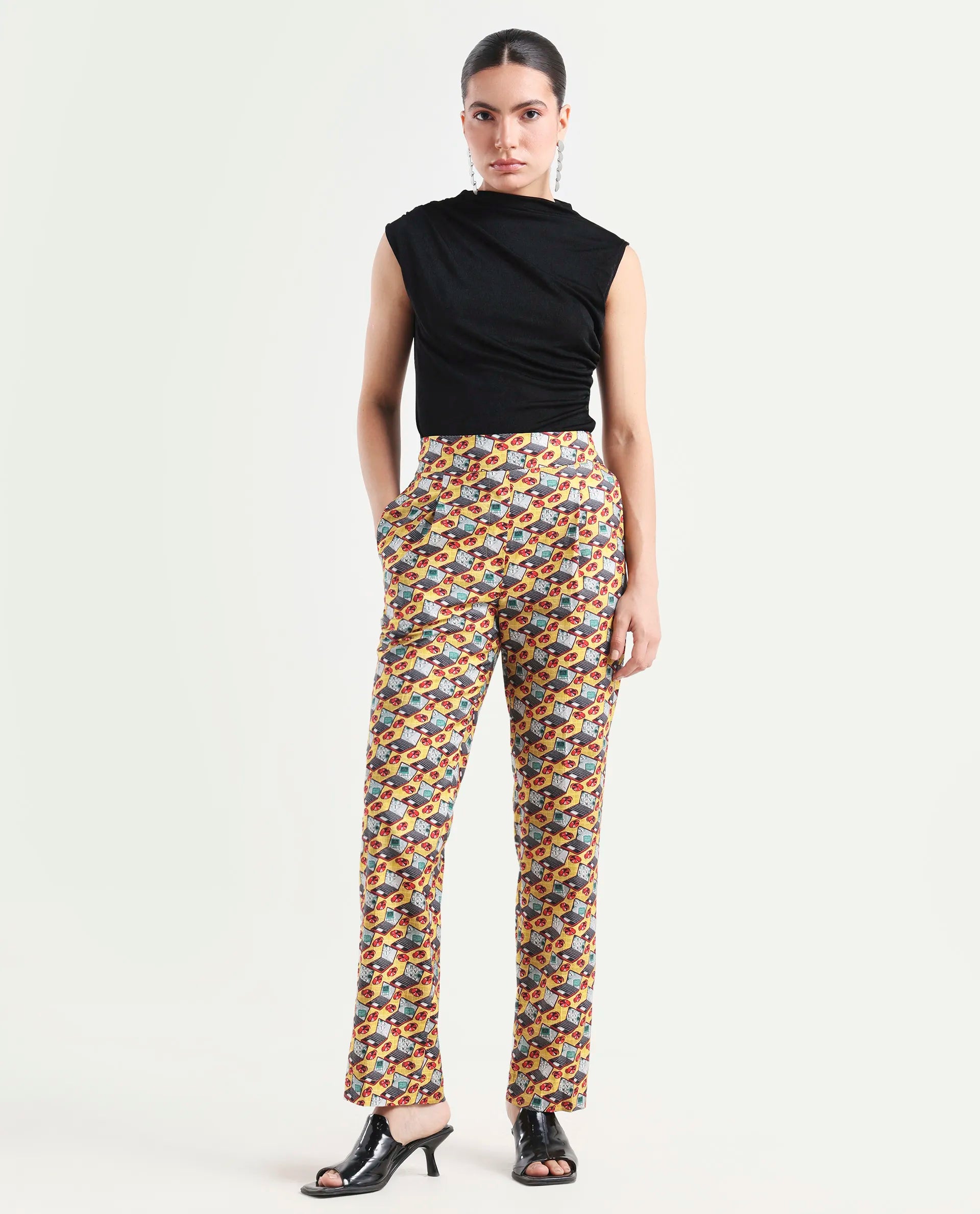 Rareism Women's Hertie-B Yellow Cotton Blend Geometric Print Ankle Length Straight Fit Trouser