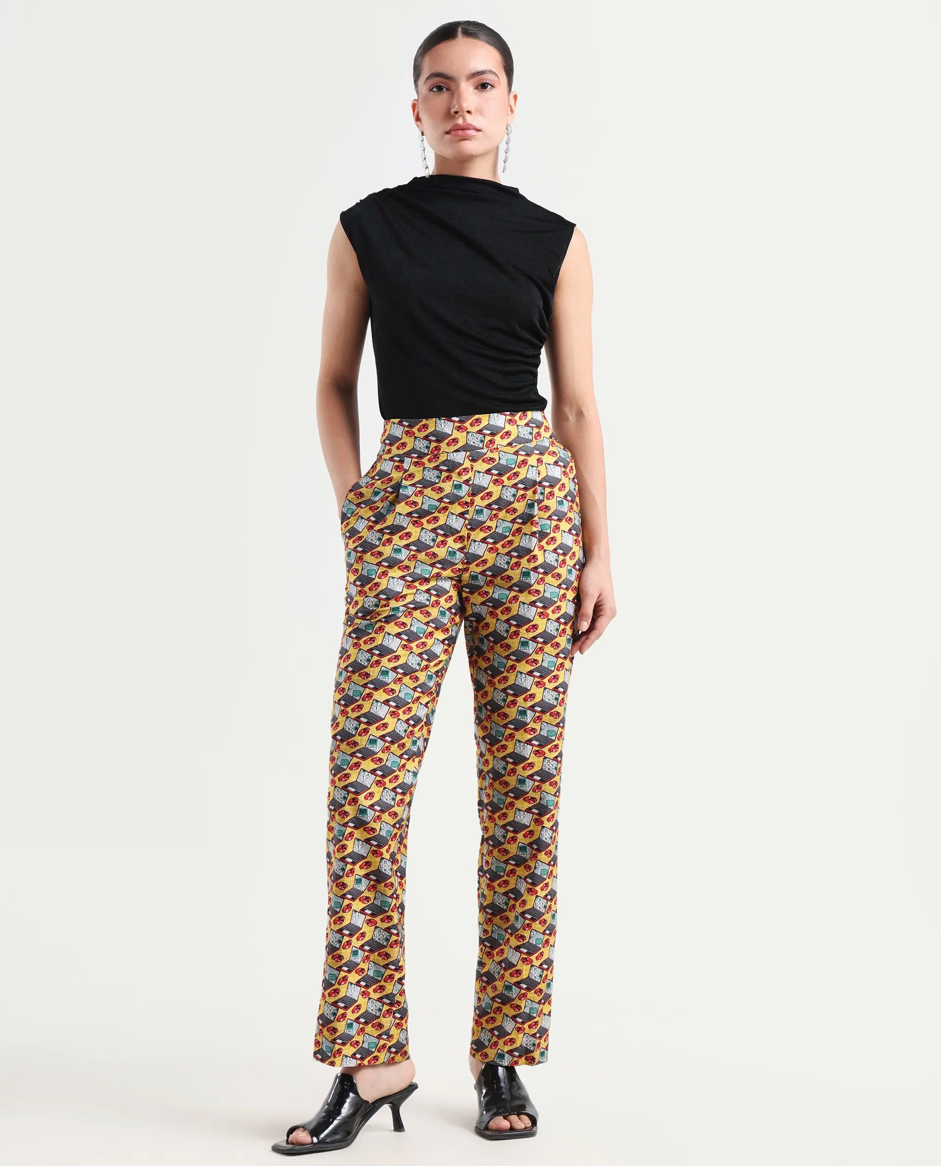 Rareism Women's Hertie-B Yellow Cotton Blend Geometric Print Ankle Length Straight Fit Trouser