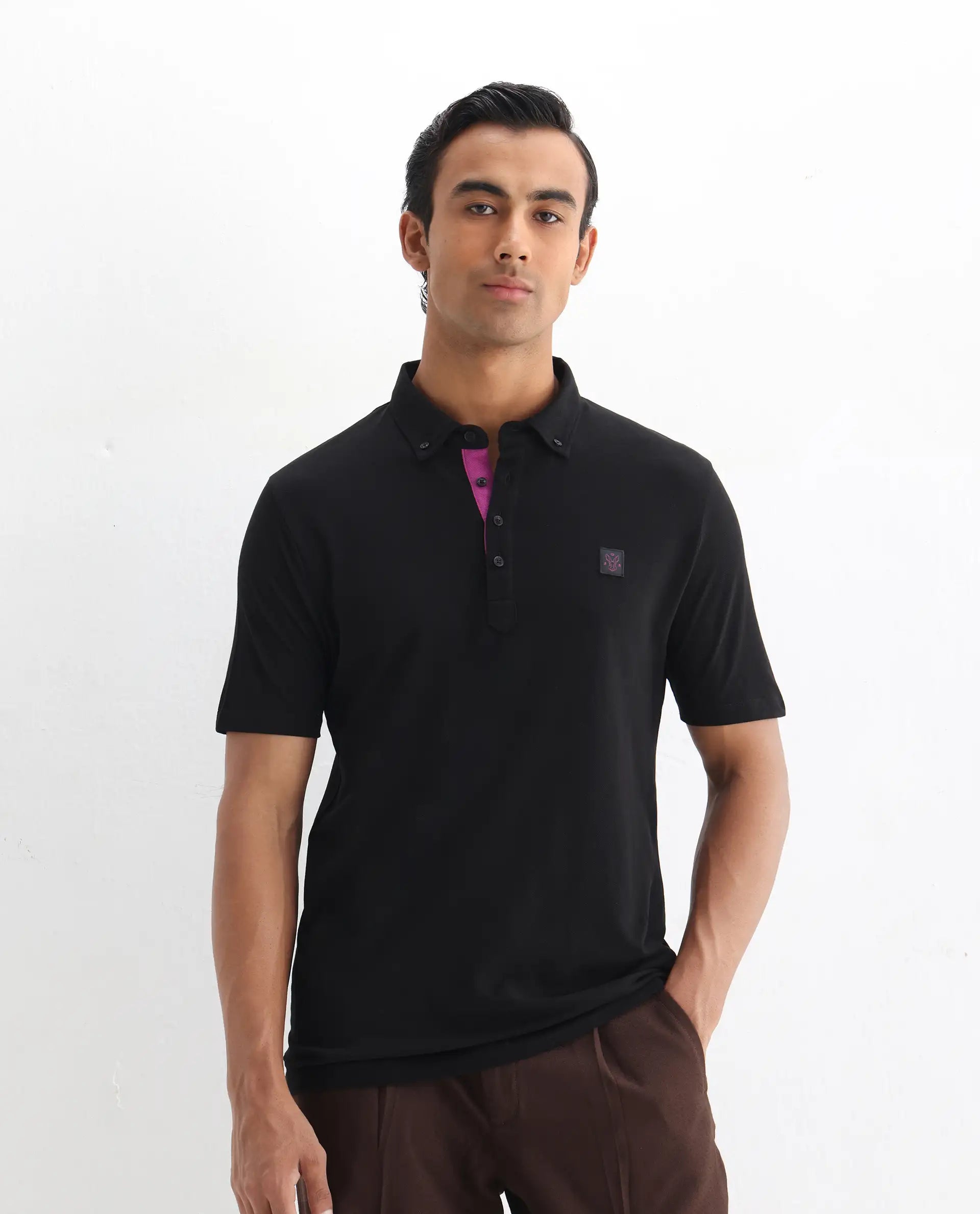 Rare Rabbit Men's Herval Black Cotton Plain Regular Fit Half Sleeve Polo