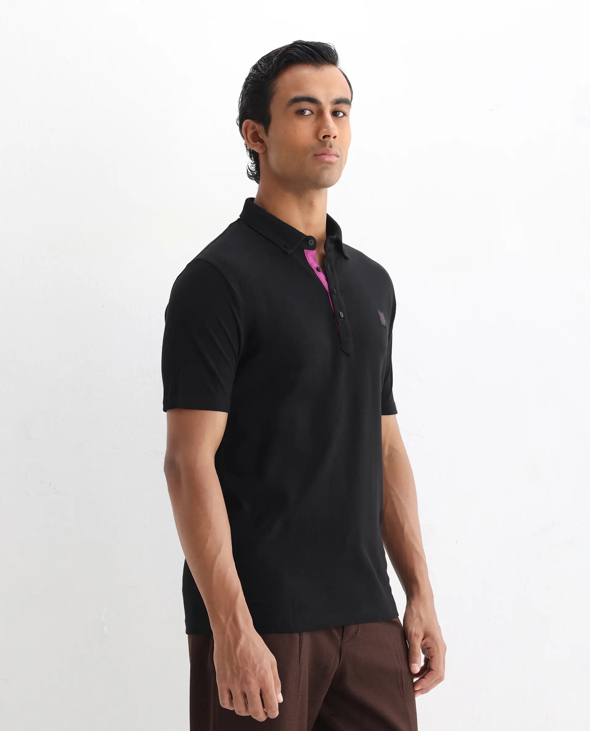 Rare Rabbit Men's Herval Black Cotton Plain Regular Fit Half Sleeve Polo